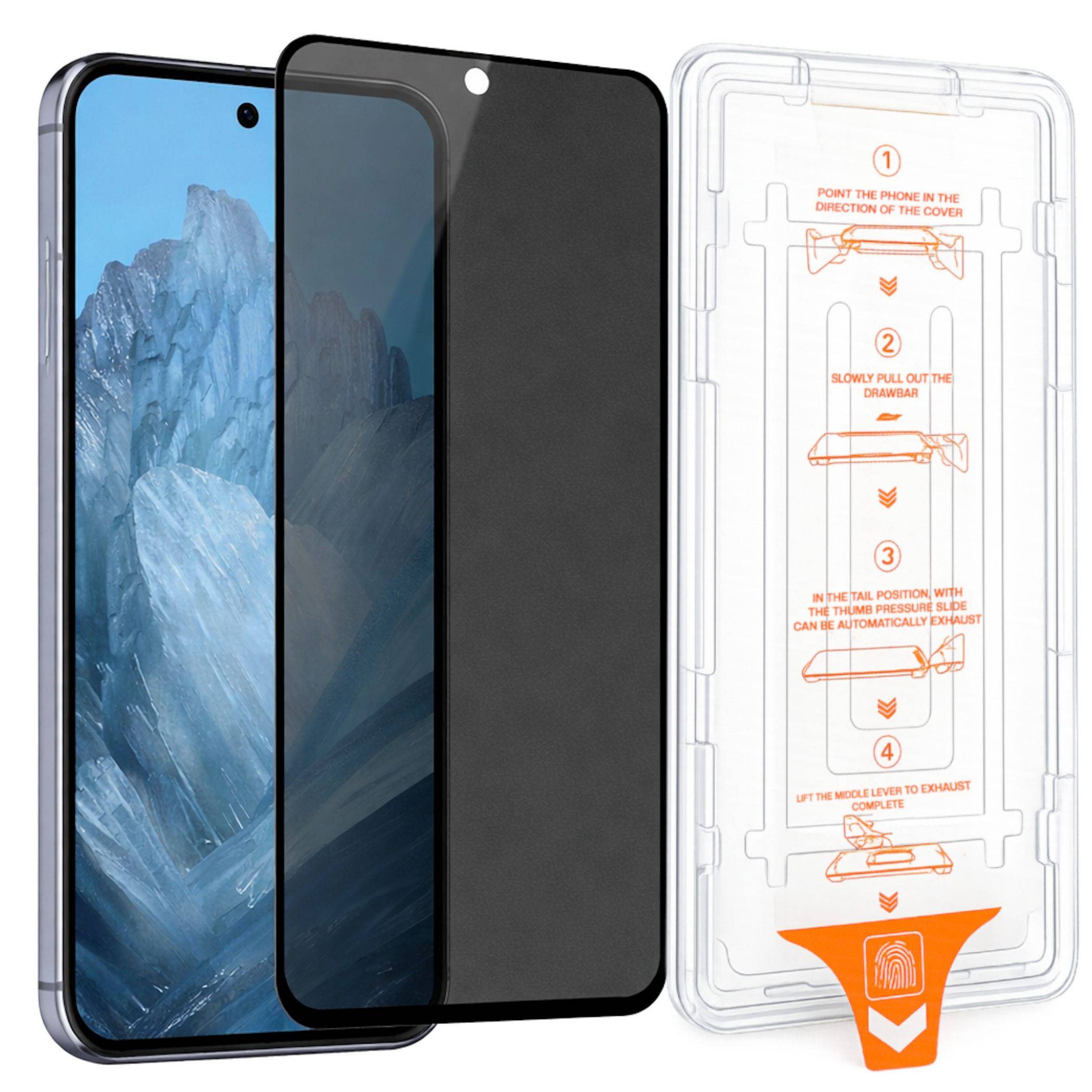 Datenschutz-Displayschutzfolie für ein Smartphone, gezeigt von vorne und hinten mit Installationsanweisungen auf der Verpackung