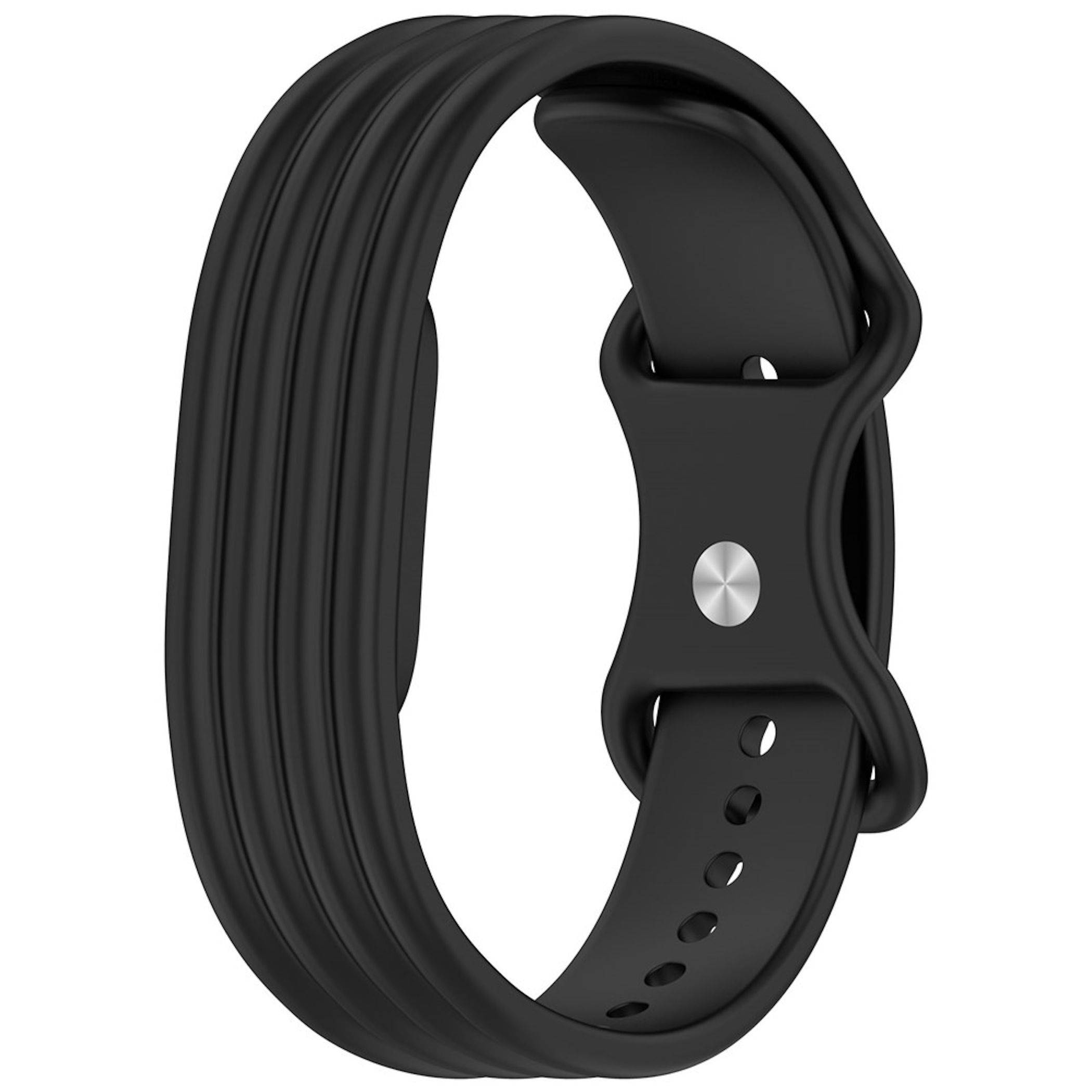 Schwarzes Fitness-Tracker-Armband mit gekrümmtem Display-Band und verstellbarem perforiertem Riemen auf weißem Hintergrund.