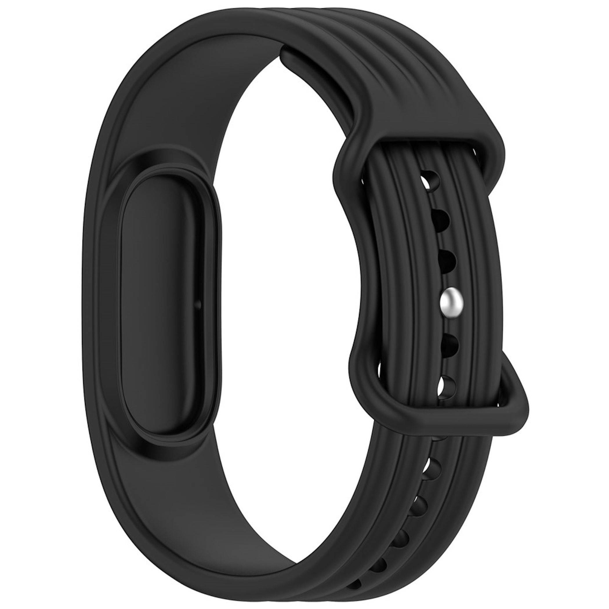Schwarzes Silikonarmband für Smartwatch mit glatter ovaler Verschlusszone und mehreren Verstellungslöchern, dargestellt auf weißem Hintergrund.