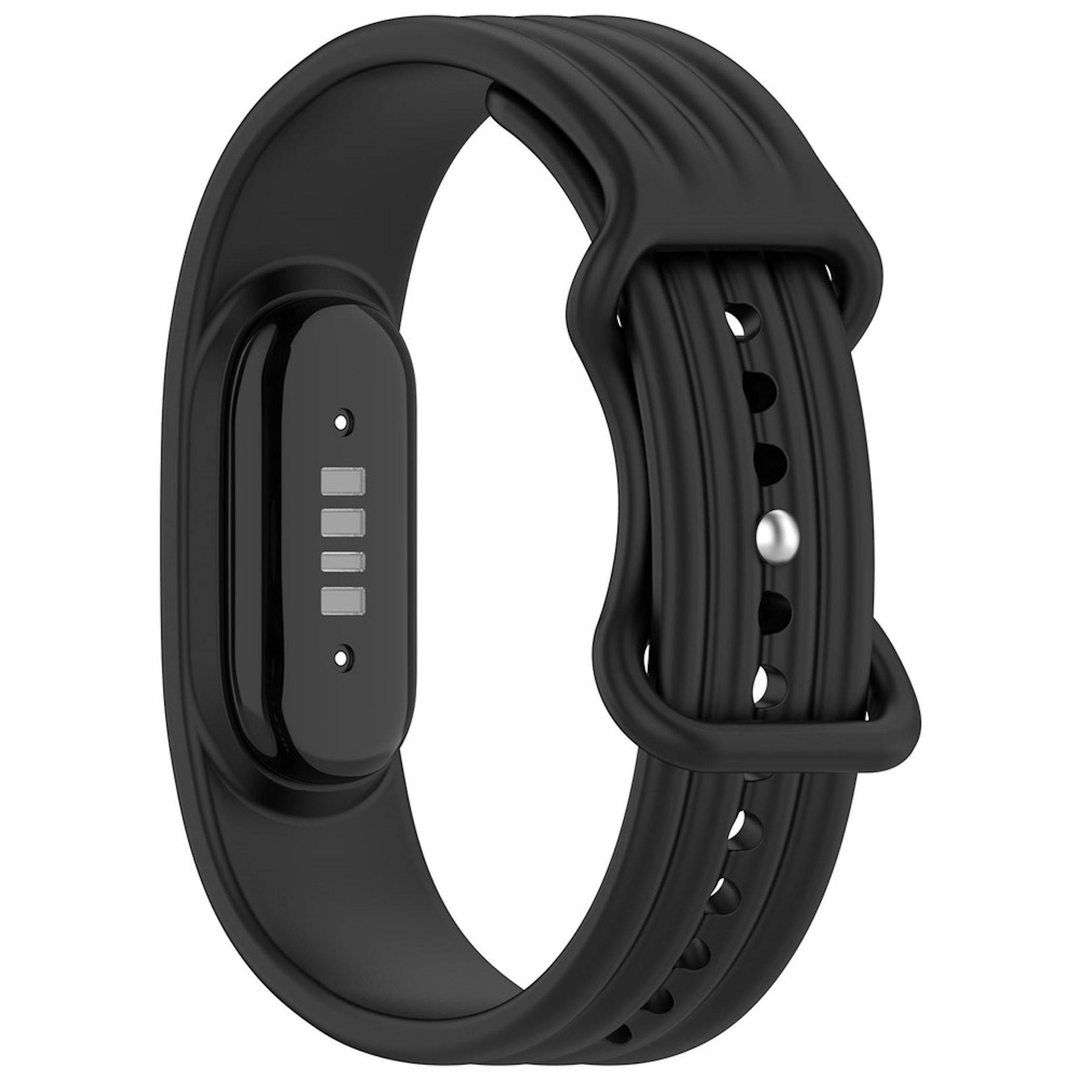 Schwarzes Fitness-Tracker-Armband mit verstellbarem Riemen und Metallschnalle, isoliert auf weißem Hintergrund dargestellt.