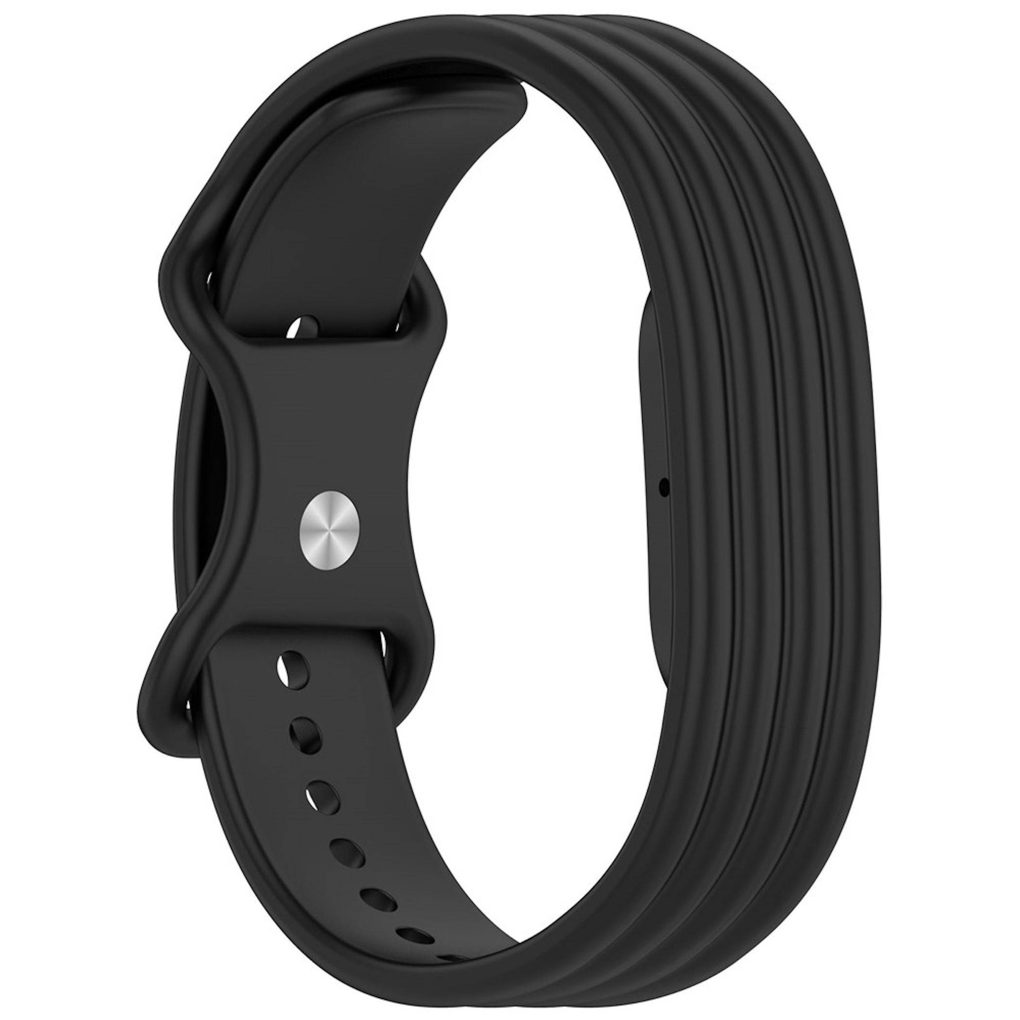 Schwarzes Silikon-Smartwatch-Armband mit verstellbarem Verschluss und Metallschließe, gezeigt auf weißem Hintergrund.