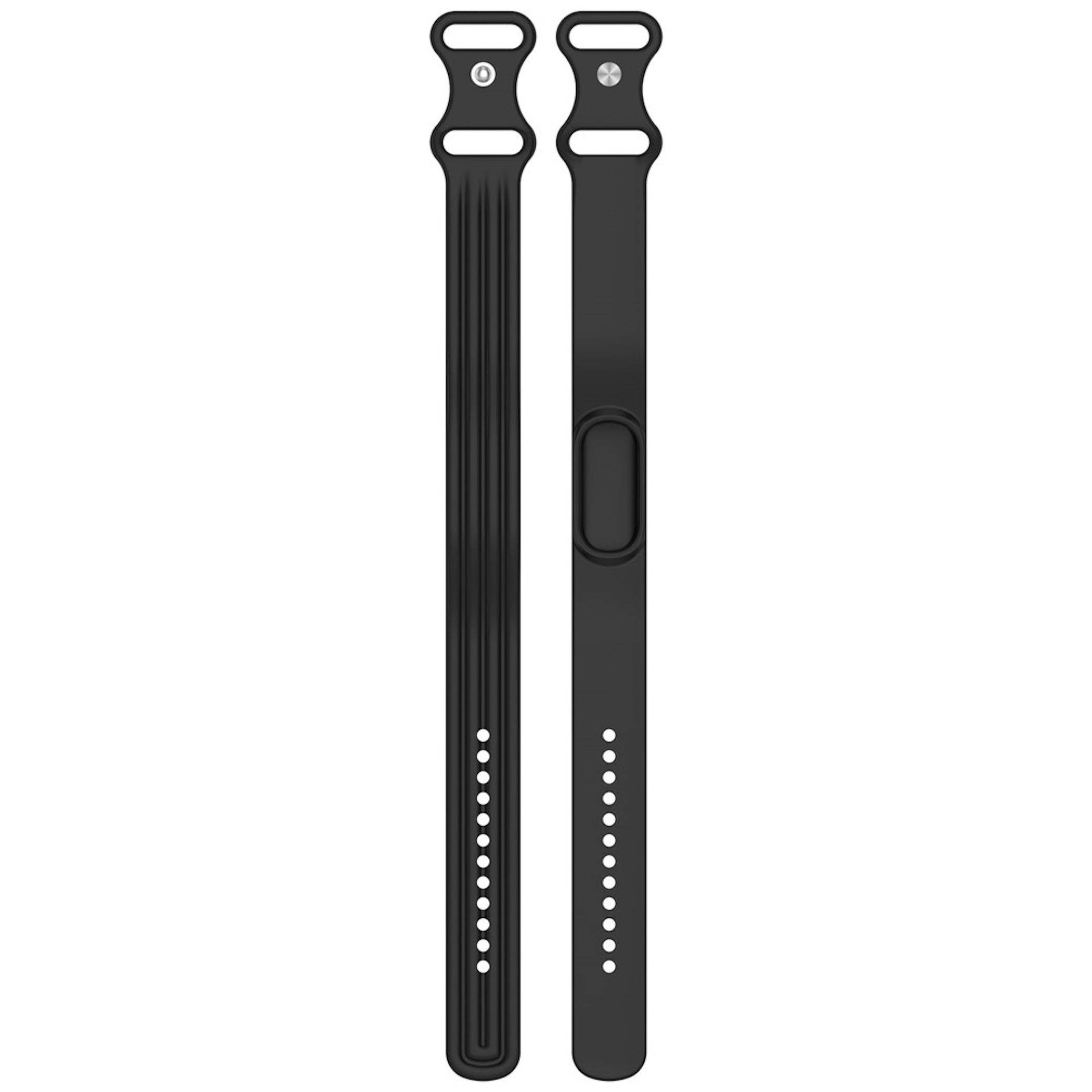 Zwei schwarze Smartwatch-Armbänder nebeneinander gezeigt: ein geripptes Athletic-Armband und ein glattes Armband mit einer mittleren Sensoröffnung.