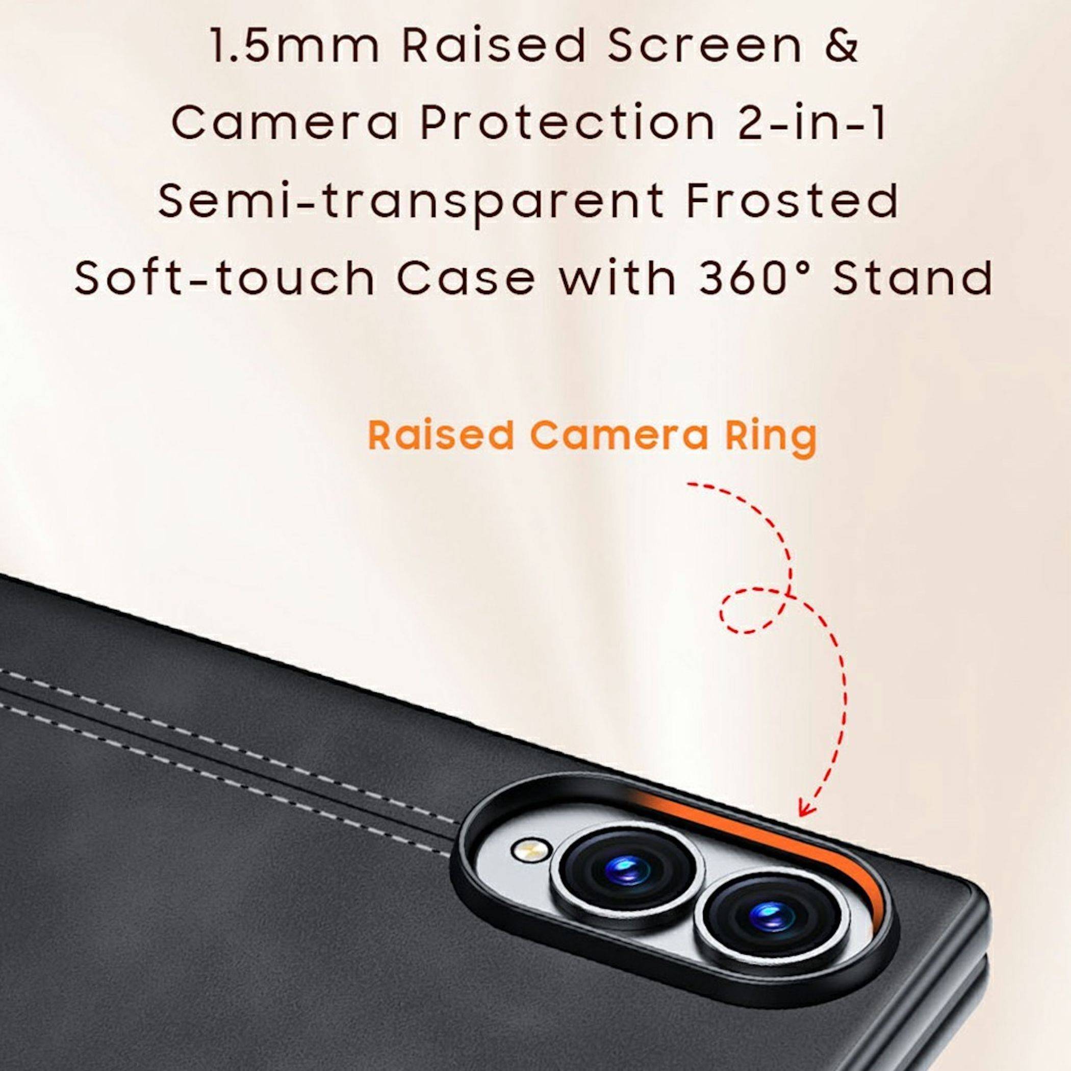 Schwarze Handyhülle mit erhobenerem Kamerarahmen und 1,5 mm Displayschutz, bezeichnet als halbtransparente matt-strukturierte Hülle mit weicher Oberfläche und 360°-Ständer.