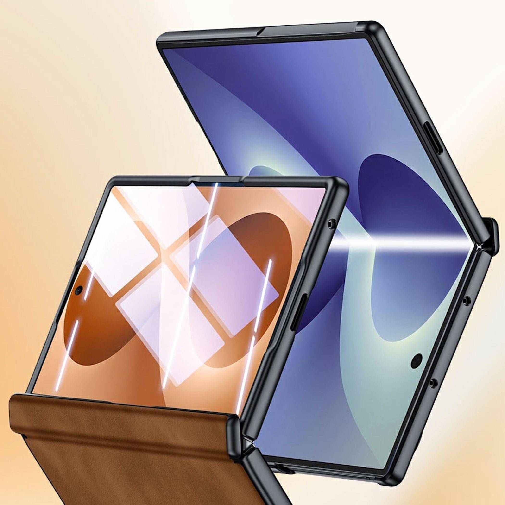 Zwei aufklappbare Smartphones, die teilweise in Muschel-Positionen geöffnet sind, eines mit violettem Bildschirm und eines mit orangefarbenem Bildschirm, die flexibles Display-Design veranschaulichen.