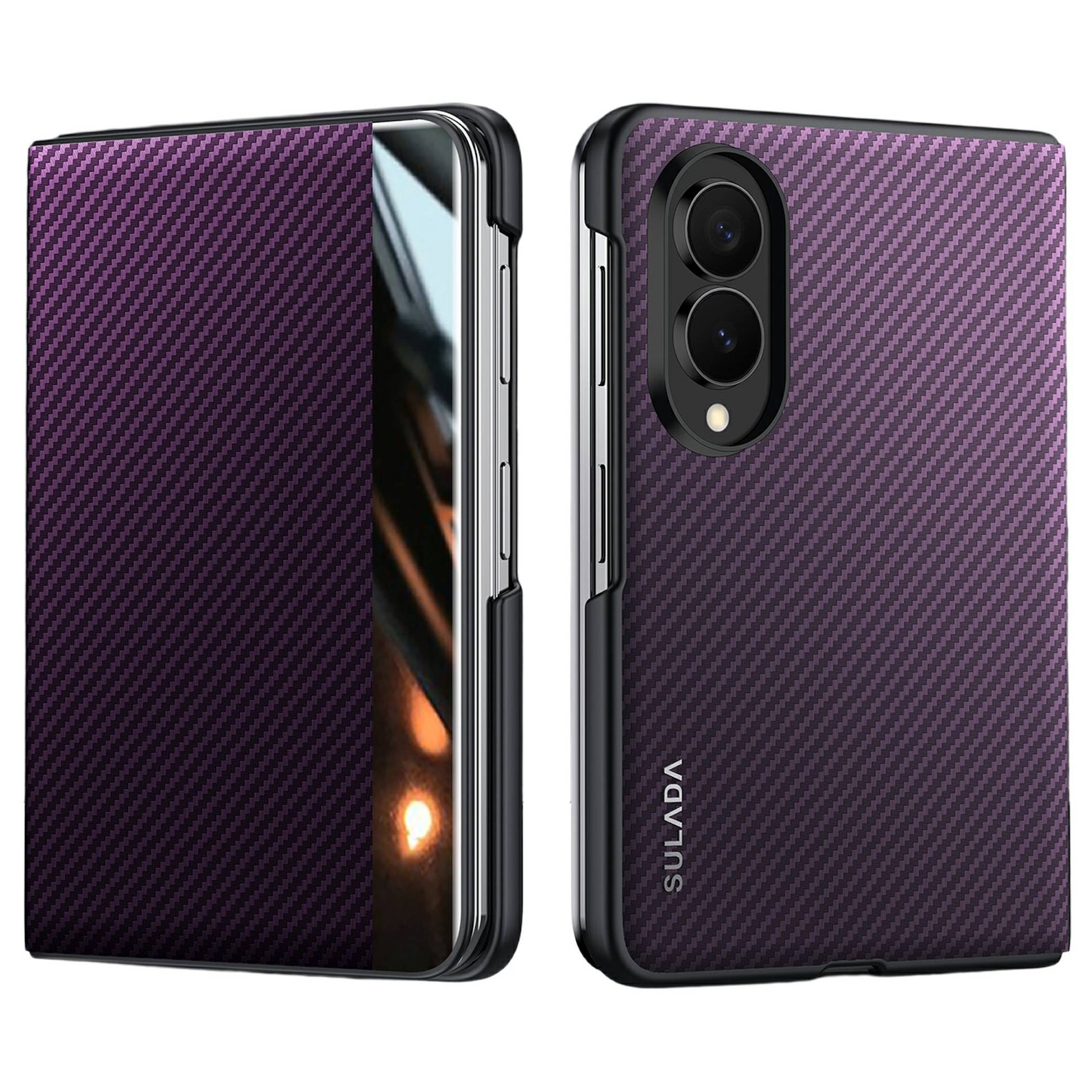 Faltbares Smartphone in einer violetten strukturierten Schutzhülle, geöffnet und geschlossen dargestellt, mit sichtbaren Dual-Rückfahrtkameras.