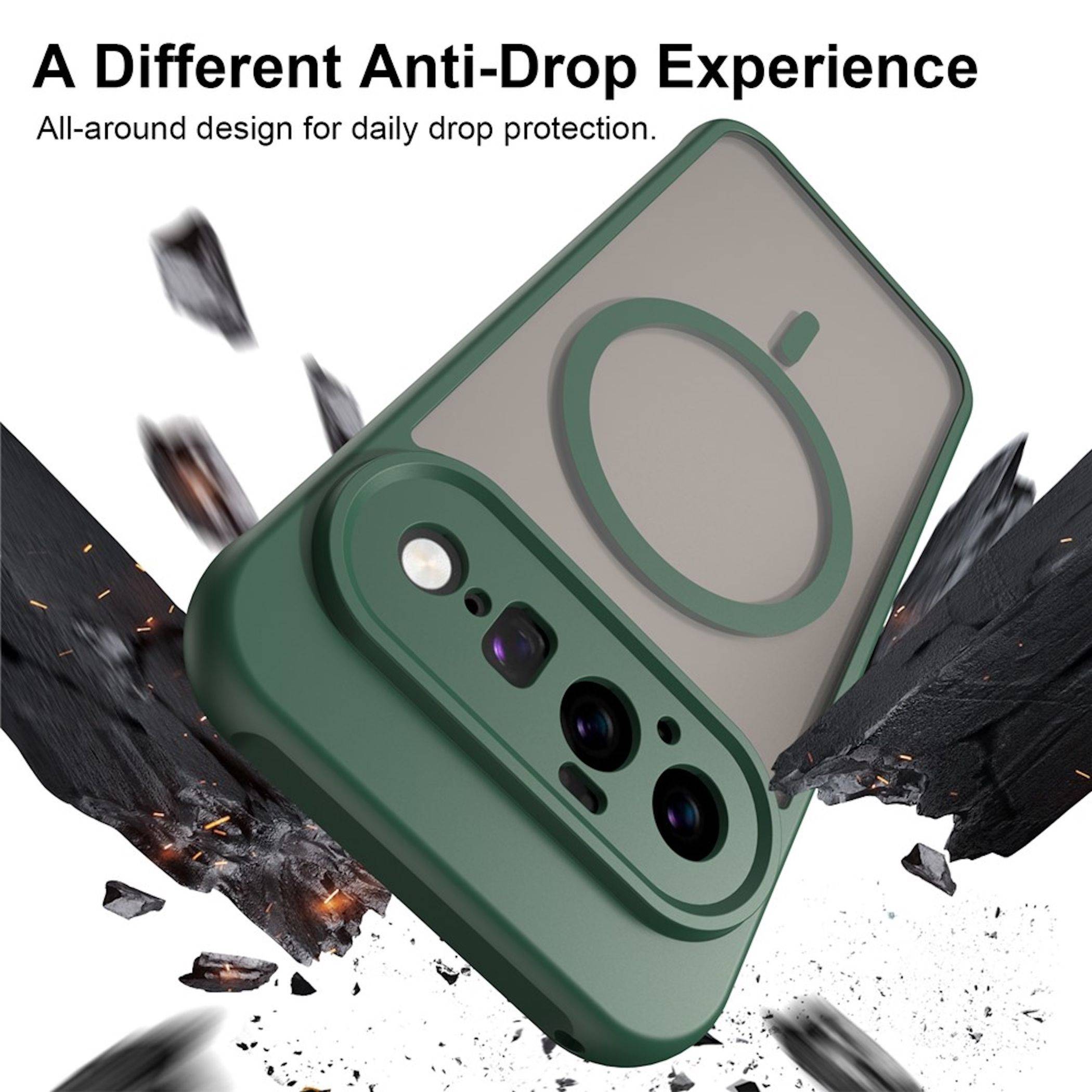 Grüner Smartphone-Case in einer Stoßschutz-Anzeige, mit Text „Eine andere Anti-Sturz-Erfahrung