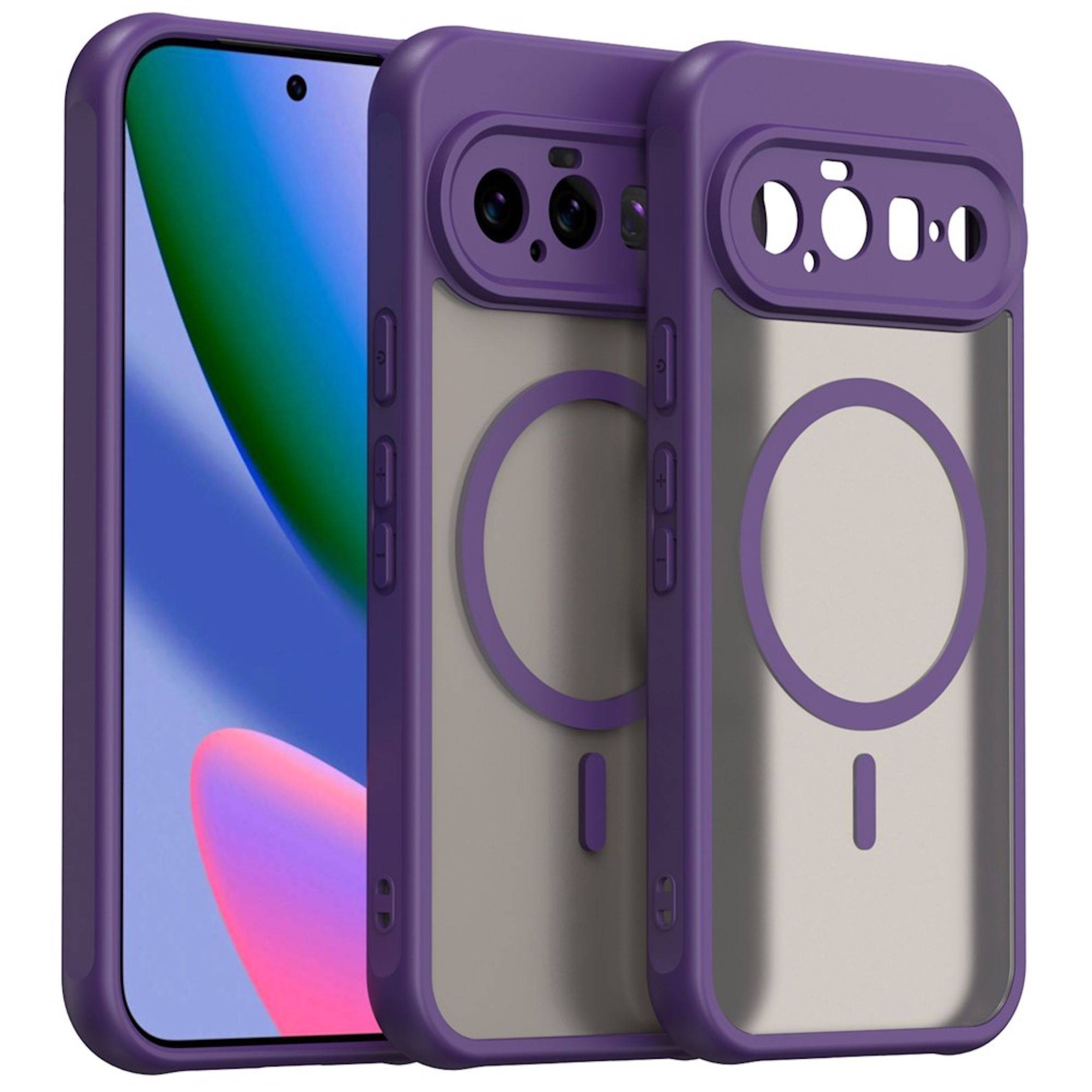 Drei violette Smartphone-Hüllen, von denen eine auf einem Telefon installiert ist, mit MagSafe-ähnlichen Ringaussparungen und Kameraöffnungen.