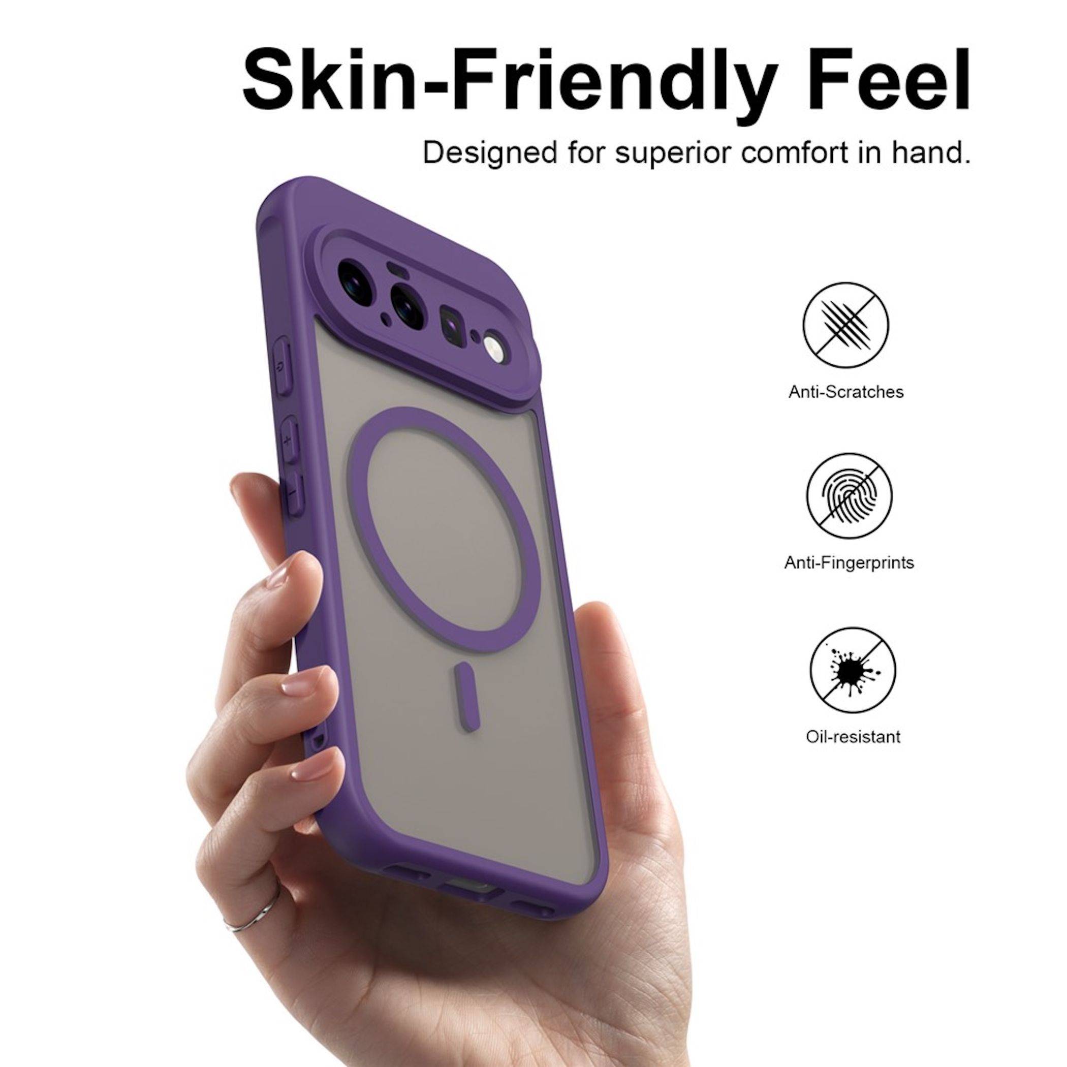 Werbung für eine violette Handyhülle in der Hand gehalten, beschriftet mit „Hautfreundliches Gefühl