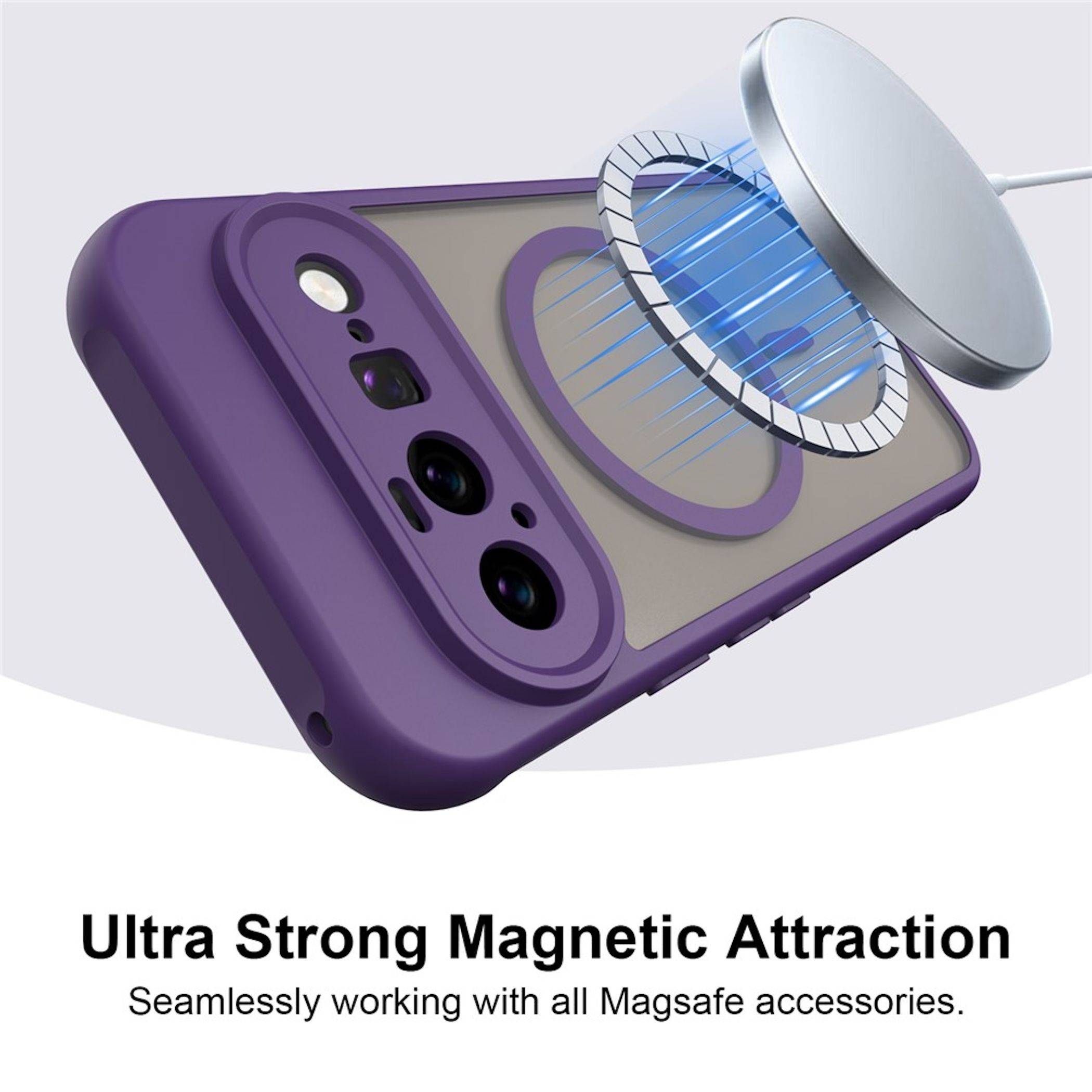 Abbildung einer violetten Handyhülle mit einem integrierten Magnetring, der ein MagSafe-Zubehör anzieht, mit der Beschriftung „Ultra starke magnetische Anziehung