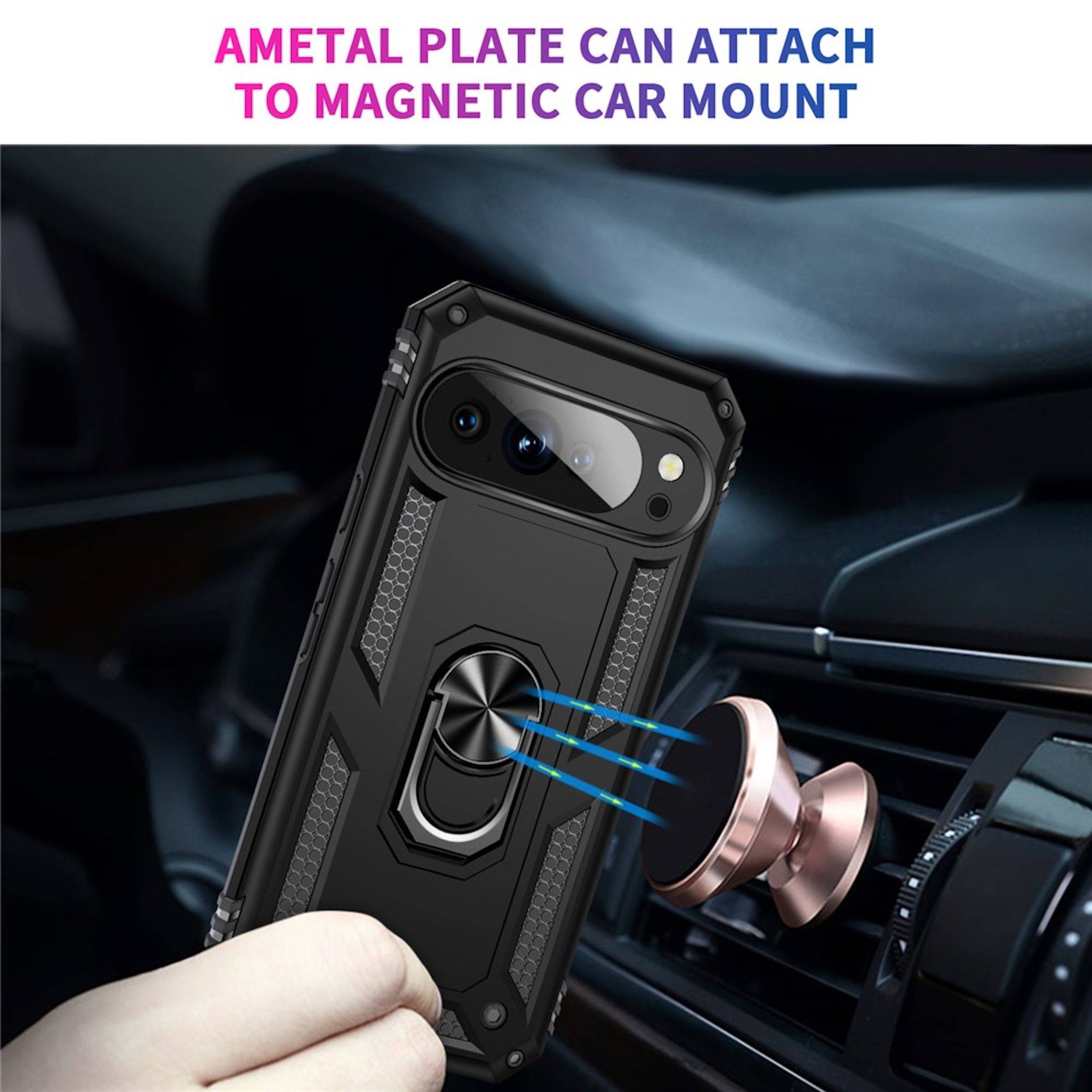 Handyhülle mit einer Metallplatte, die an einer magnetischen Autolüftungshalterung befestigt wird, mit Text, der lautet „EINE METALLPLATTE KANN AN EINER MAGNETISCHEN AUTOHALTERUNG BEFESTIGT WERDEN