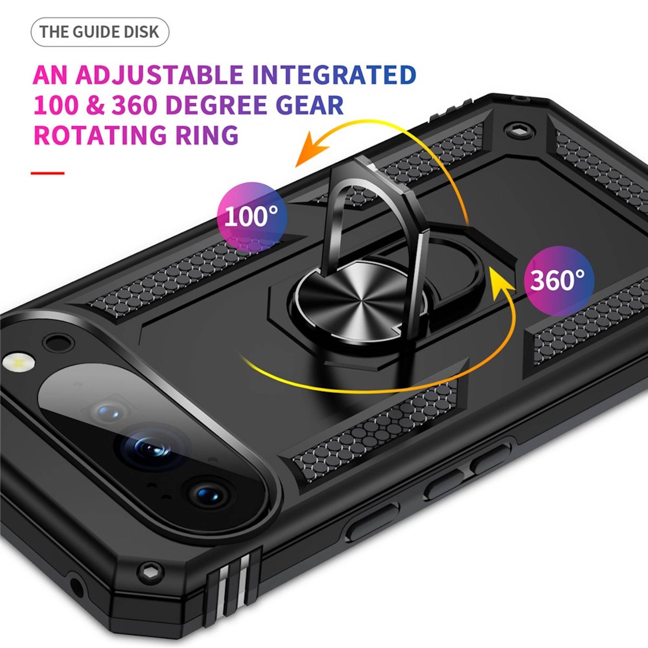 Schwarzes Handyhülle mit integriertem Ringständer mit 100° und 360° verstellbarer Rotation, gekennzeichnet mit „THE GUIDE DISK