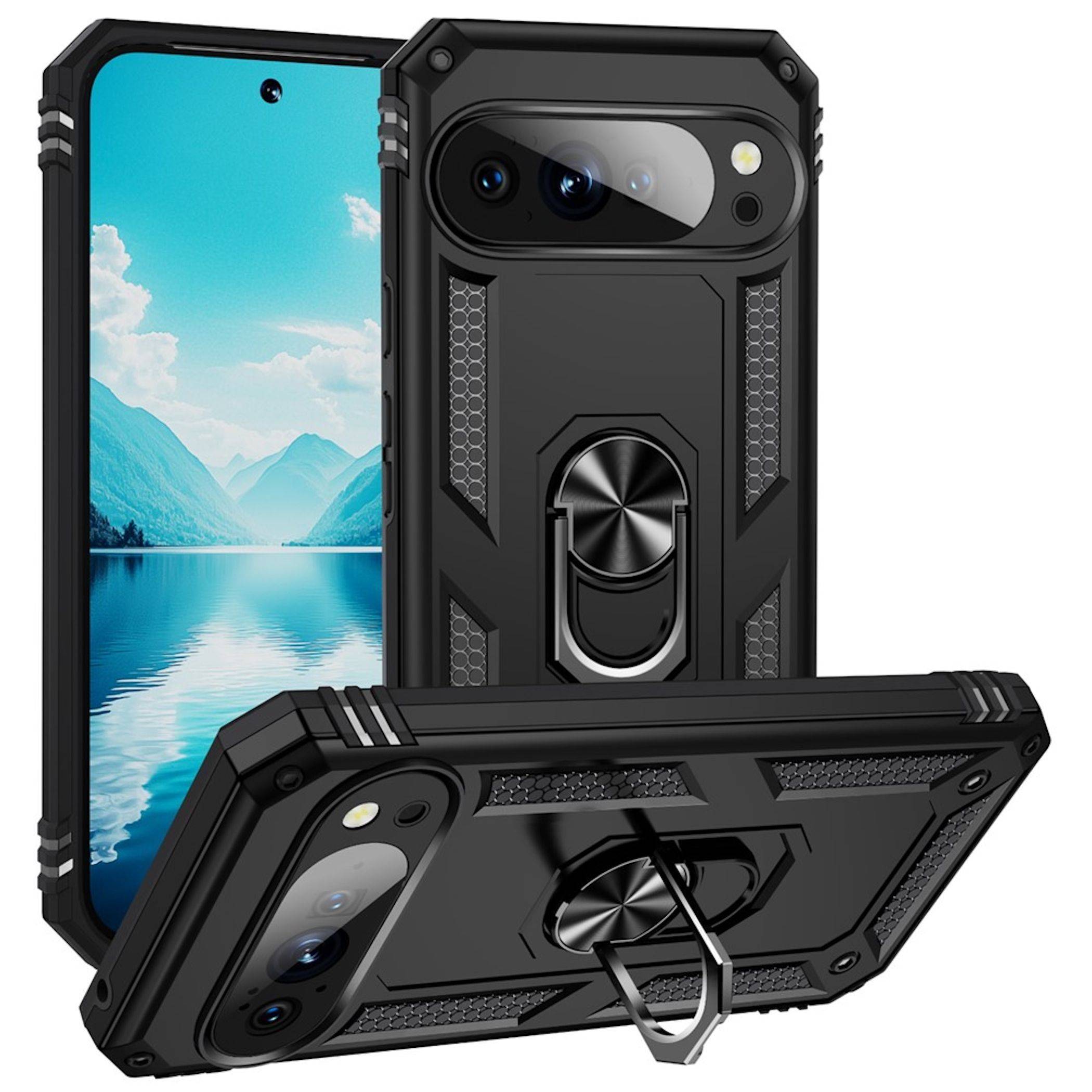 Schwarze robuste Smartphone-Hülle mit integriertem Ringständer, von vorne und hinten um ein Telefon herum abgebildet, das eine Seenlandschaft anzeigt.