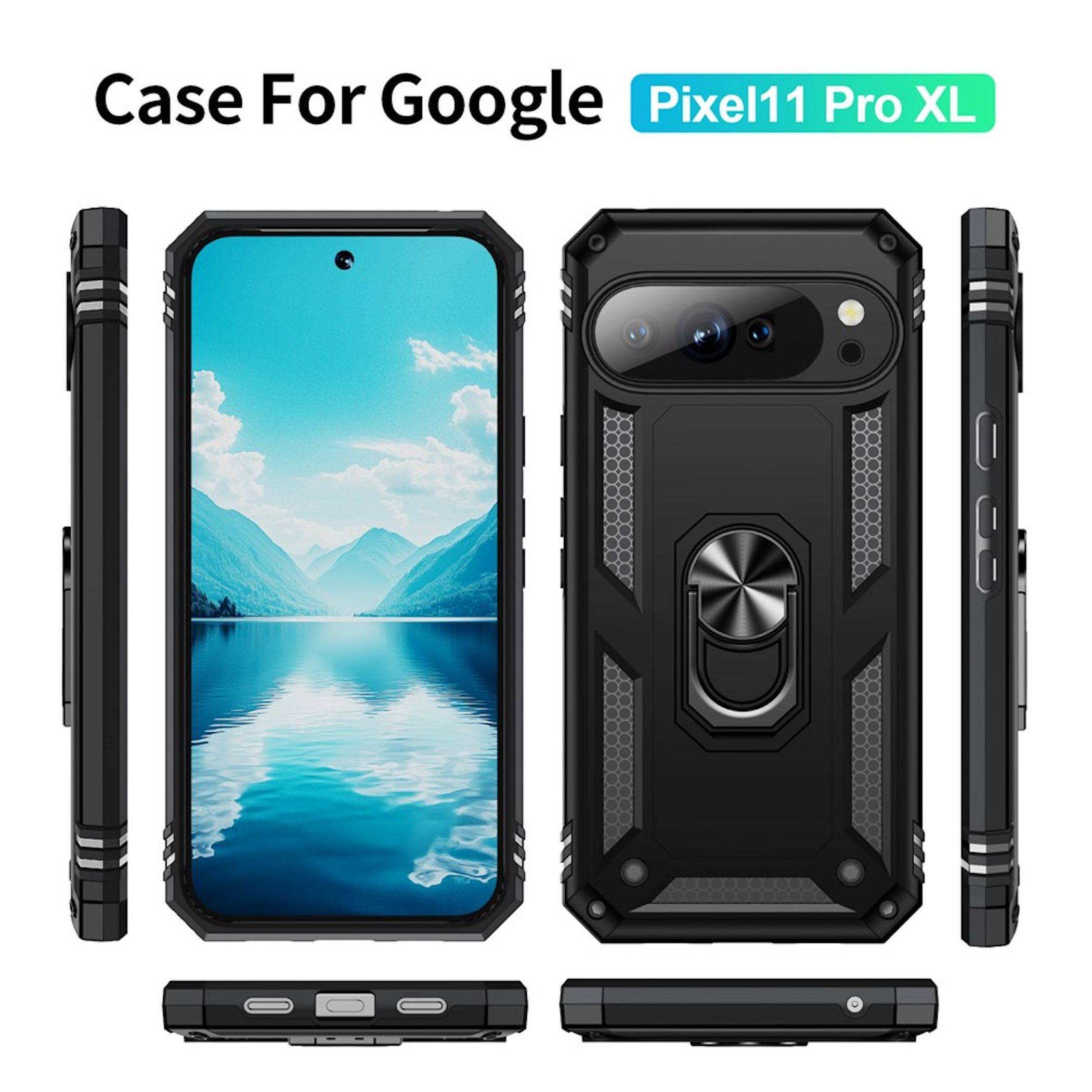 Schwarze robuste Handyhülle für Google Pixel 11 Pro XL von vorne, hinten, von den Seiten und von oben mit integriertem Ringständer.