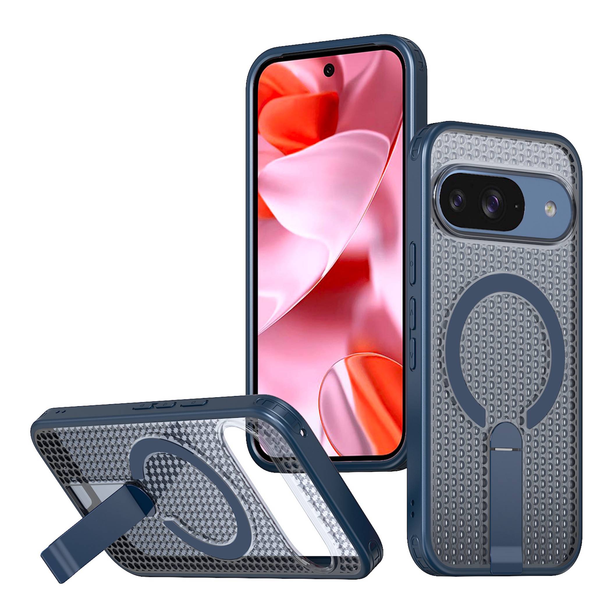 Drei Ansichten eines Smartphones in einer dunkelblau Hülle mit integriertem Ringständer: Vorderseite, Rückseite und abgewinkelte Seitenansicht mit offenem Ständer.