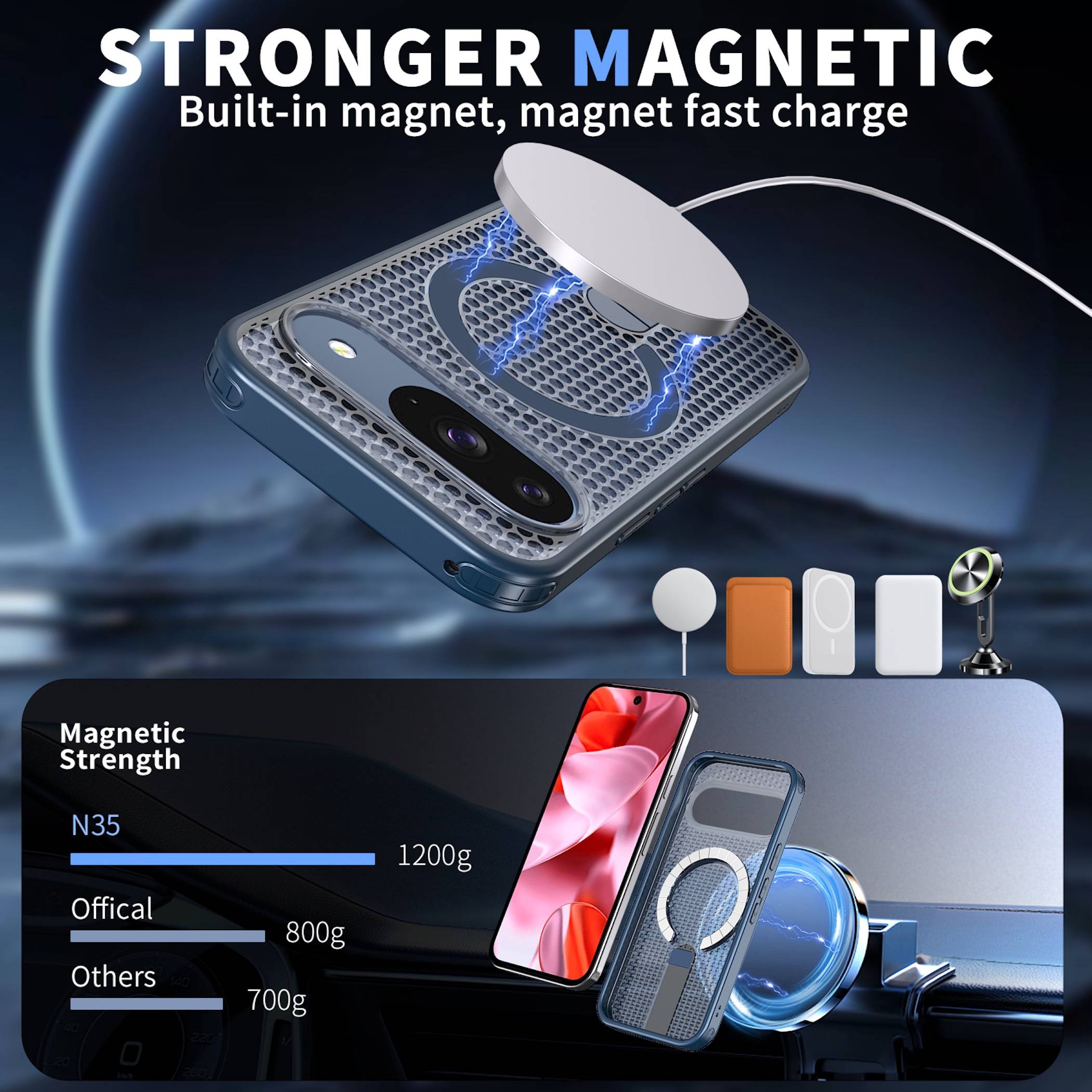 Anzeige für eine magnetische Handyhülle und schnelles Ladegerät, das ein Telefon zeigt, das an einem magnetischen Pad einrastet; Ein Diagramm zeigt 