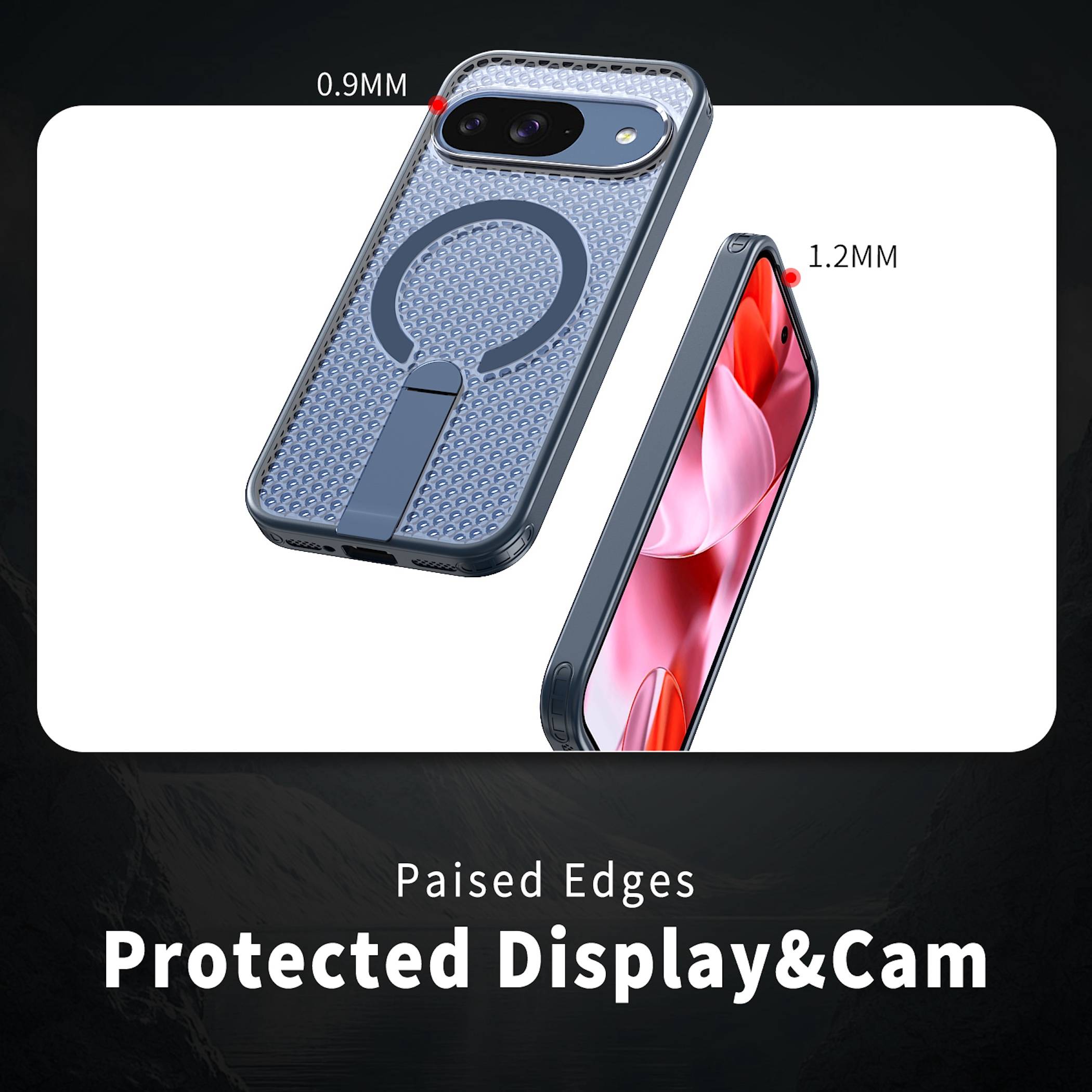 Werbebild eines Smartphone-Schutzkoffers mit erhöhten Kanten, das 0,9 mm Kameraschutz und 1,2 mm Displayschutz für die Sicherheit von Bildschirm und Objektiv zeigt.