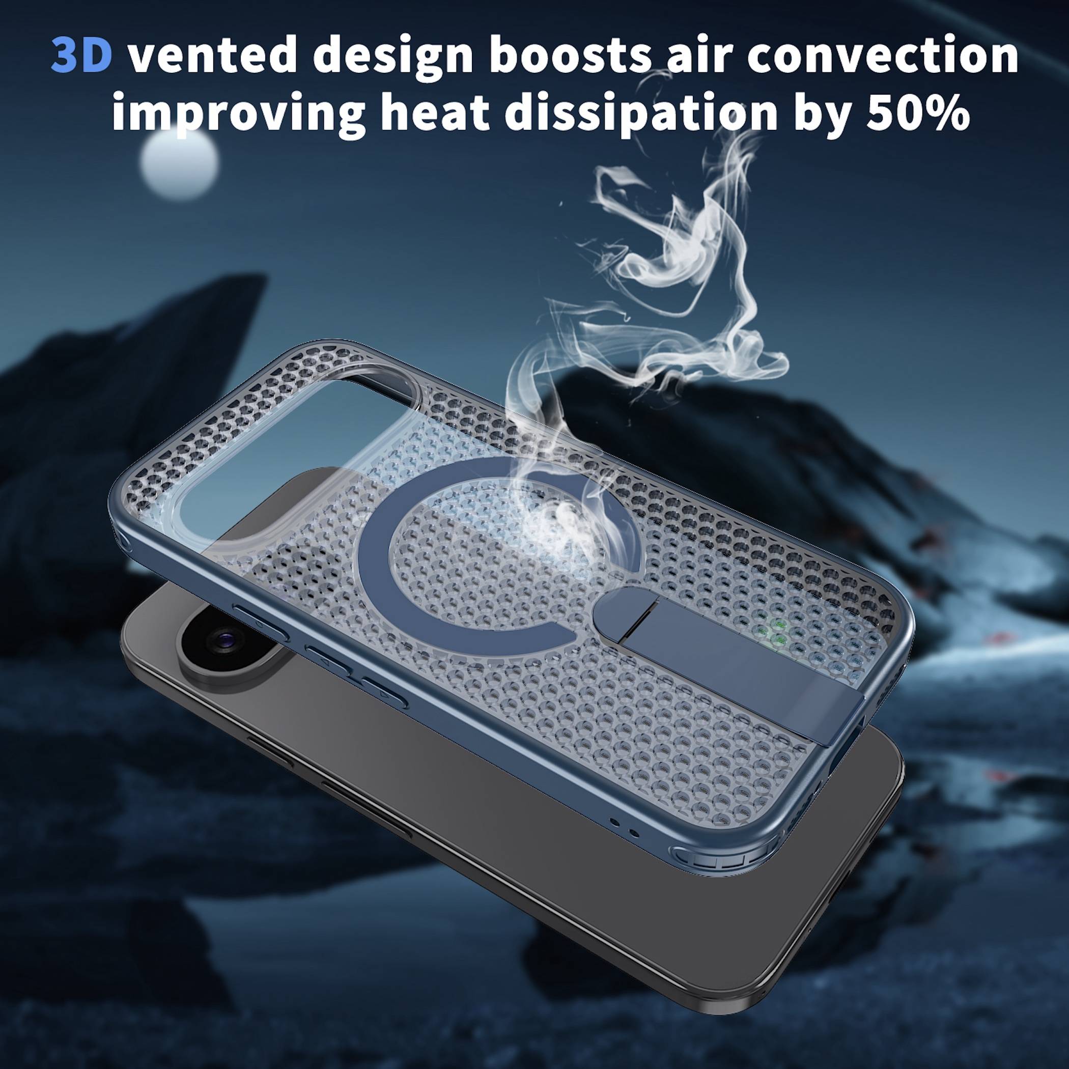Werbebild eines belüfteten Handyhüllendesigns über einem Telefon, mit Rauch und Text, der behauptet „3D-Belüftungsdesign steigert die Luftzirkulation und verbessert die Wärmeableitung um 50 %