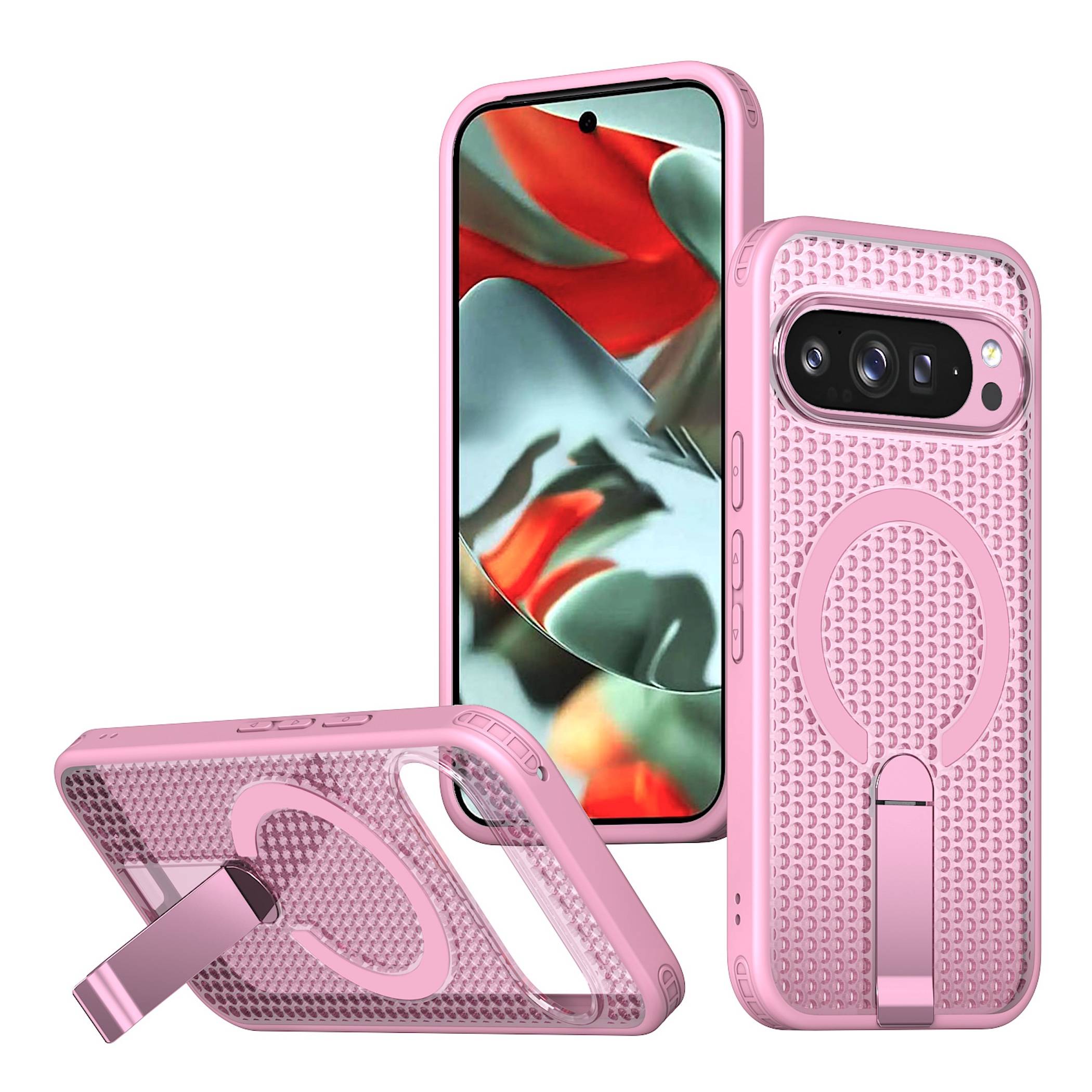 Rosa Smartphone-Hülle in drei Ansichten, mit integriertem Ständer und kreisförmigem MagSafe-ähnlichem Ring, strukturierter Schutzrückseite und Kameraausschnitt.
