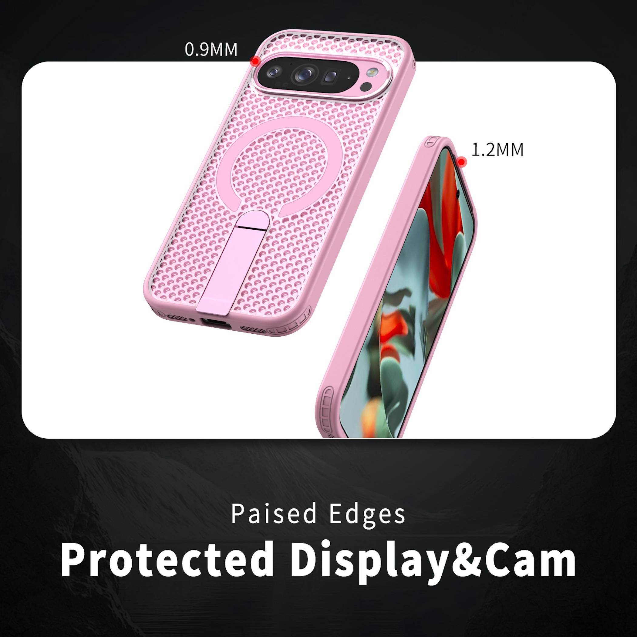 Rosa Handyhülle mit erhöhten Kanten zum Schutz des Displays und der Kamera, mit den Angaben 0,9 mm und 1,2 mm, in Vorder- und Seitenansicht dargestellt.