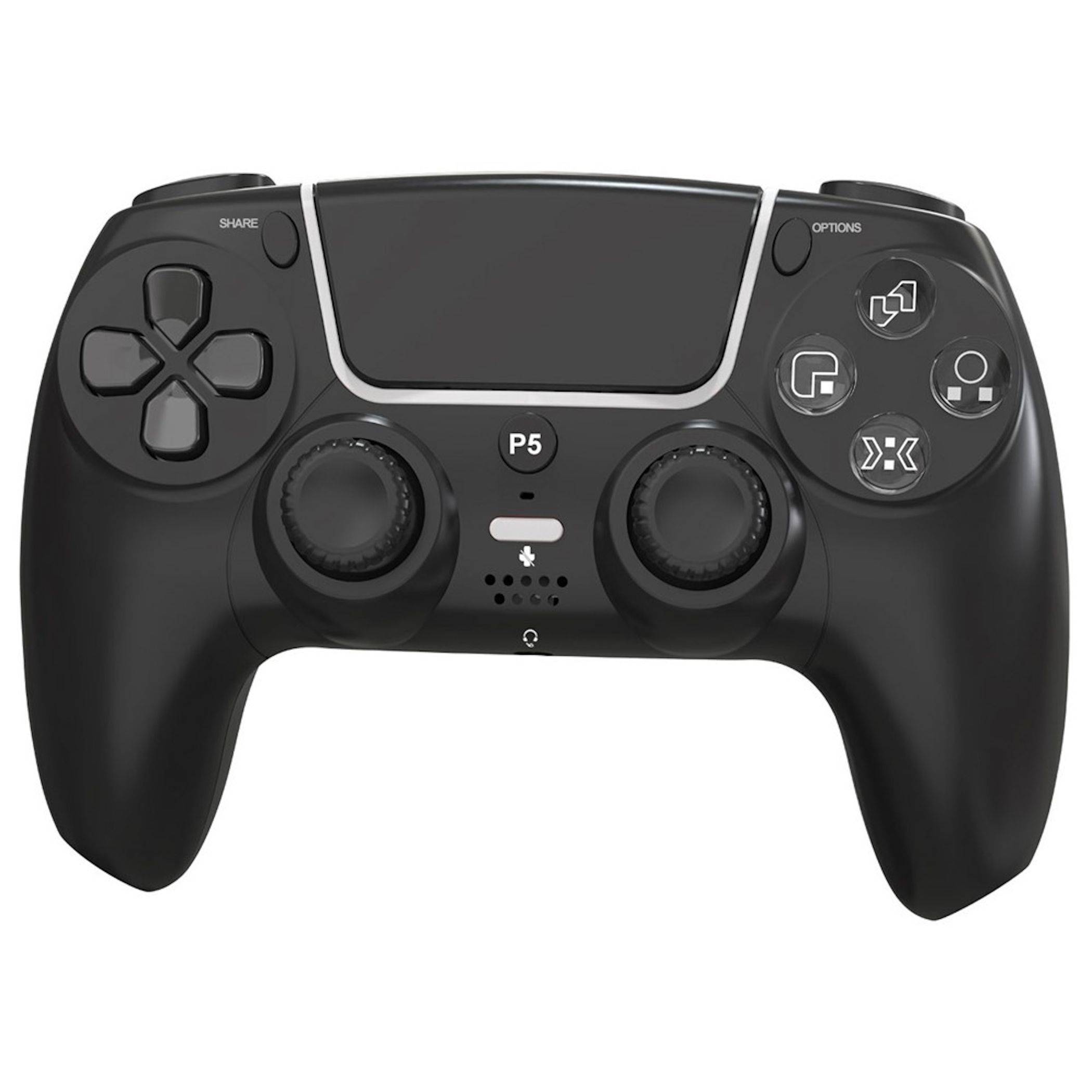 Schwarzer kabelloser Spiele-Controller mit Touchpad, zwei analogen Sticks, D-Pad, Aktionstasten und zentriert unter dem Touchpad angebrachtem 