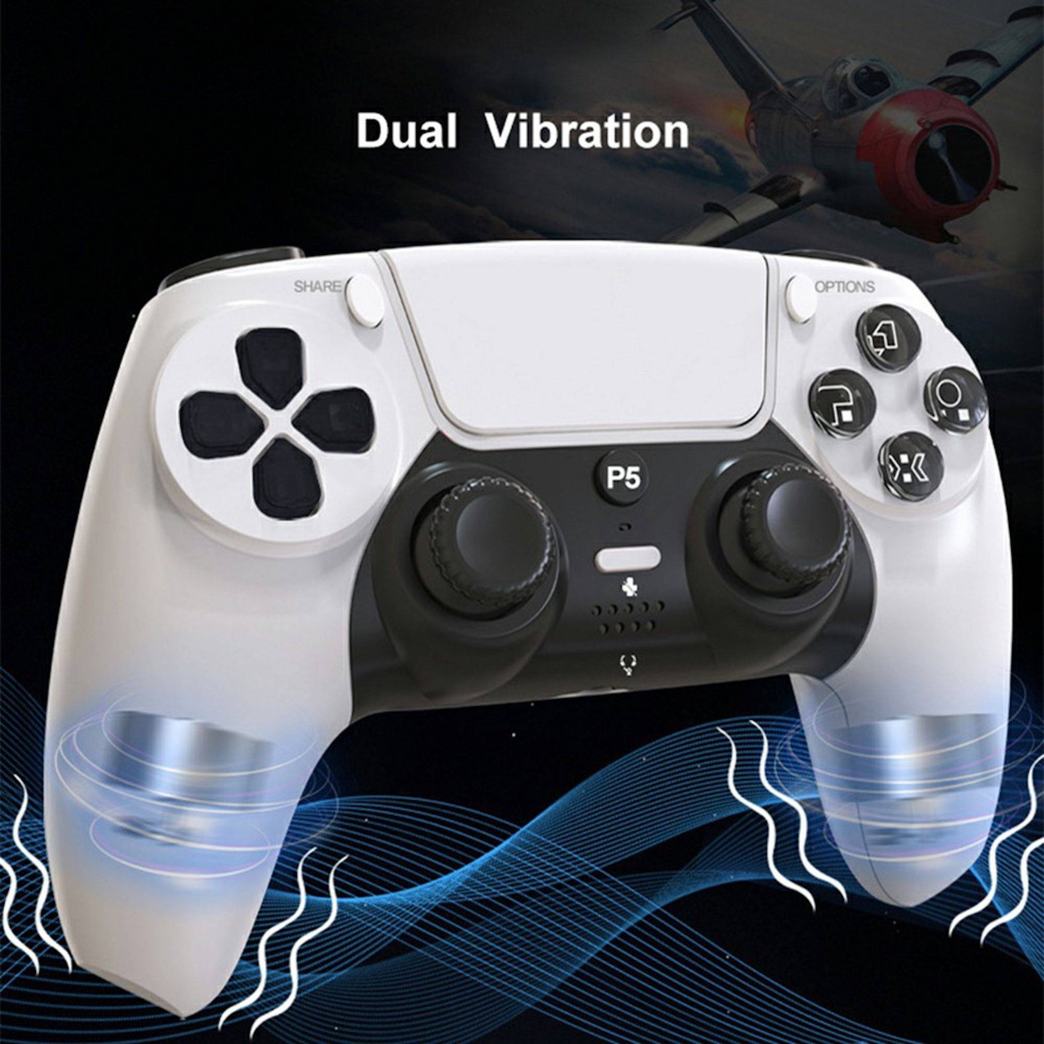 Weißer P5-Spielcontroller mit der Aufschrift „Dual Vibration", analogen Sticks, D-Pad und Tasten, gezeigt vor einem dunklen Hintergrund mit einer Flugzeuggrafik.