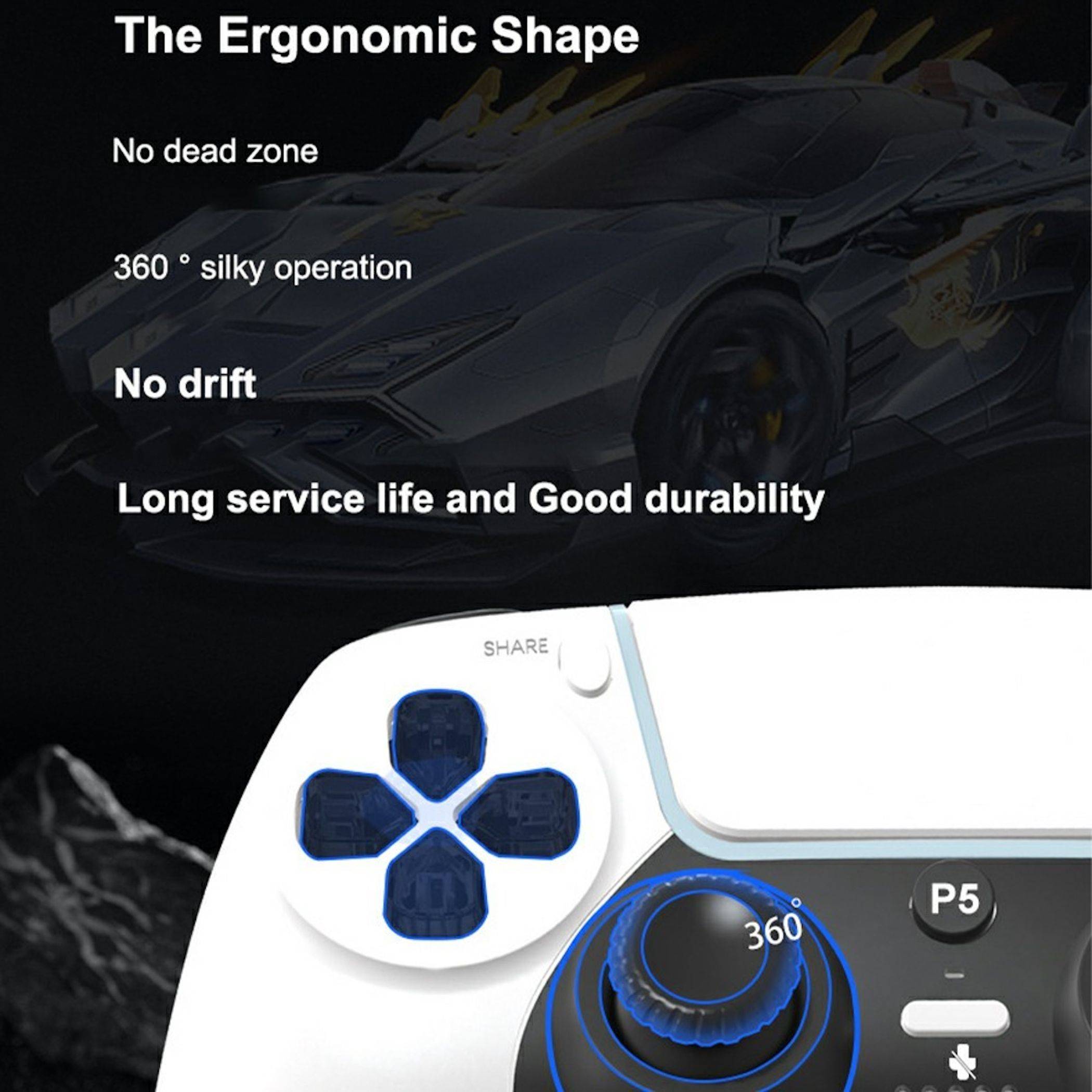 Produktanzeige für einen Gaming-Controller mit dem Thema „Die ergonomische Form" ohne Totzone, 360° seidige Bedienung, kein Drift und lange Lebensdauer sowie Haltbarkeit.