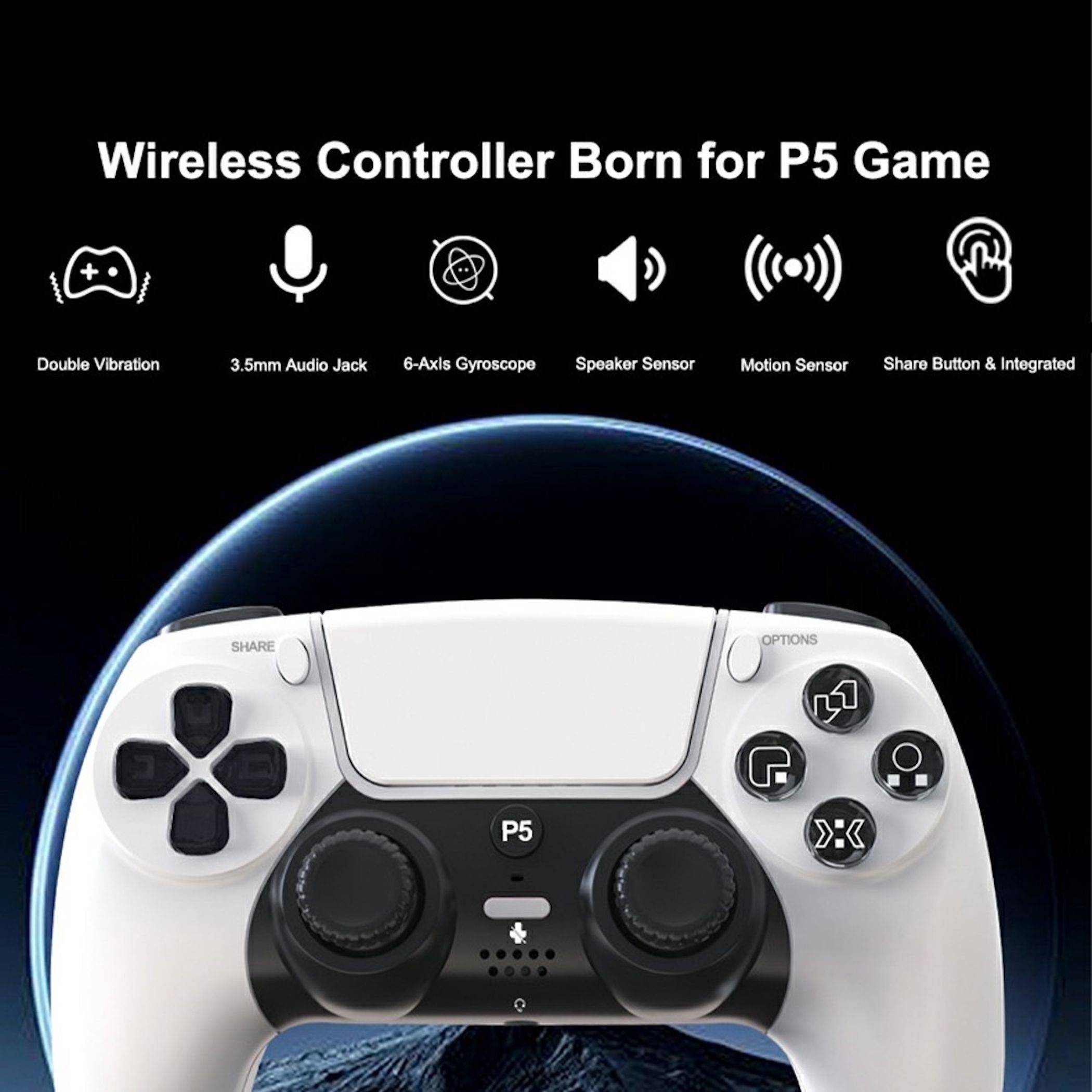 Werbebild eines weißen kabellosen P5-Spielcontrollers mit dualen Sticks und Tasten, gekennzeichnet mit Funktionen wie Doppelvibration, 3,5-mm-Audiobuchse, 6-Achsen-Gyroskop, Lautsprecher und Bewegungssensoren.