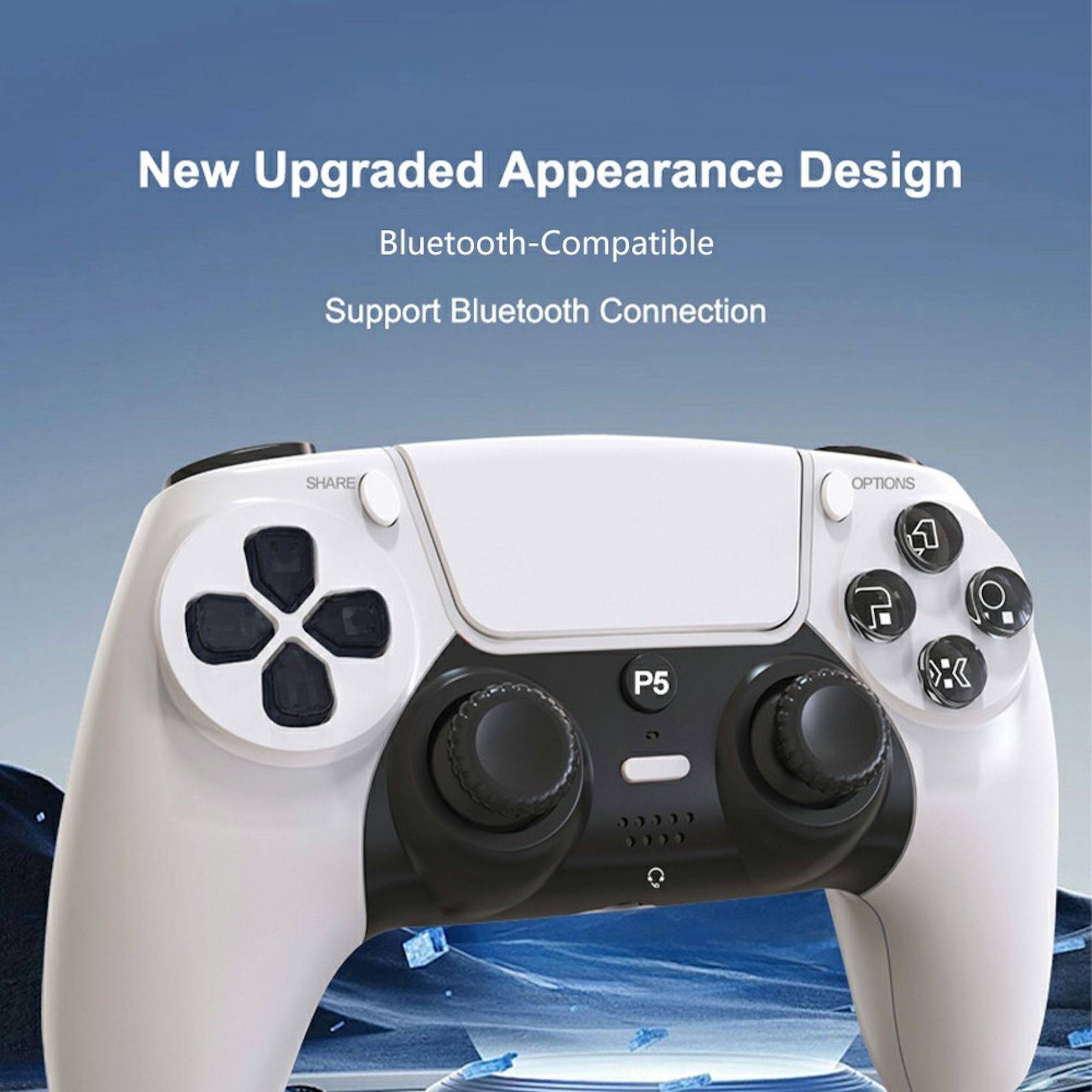 Weißer Bluetooth-kompatibler Gamecontroller mit Text "New Upgraded Appearance Design"" auf blauem Hintergrund, shown von vorne mit Dual-Joysticks und Tasten.