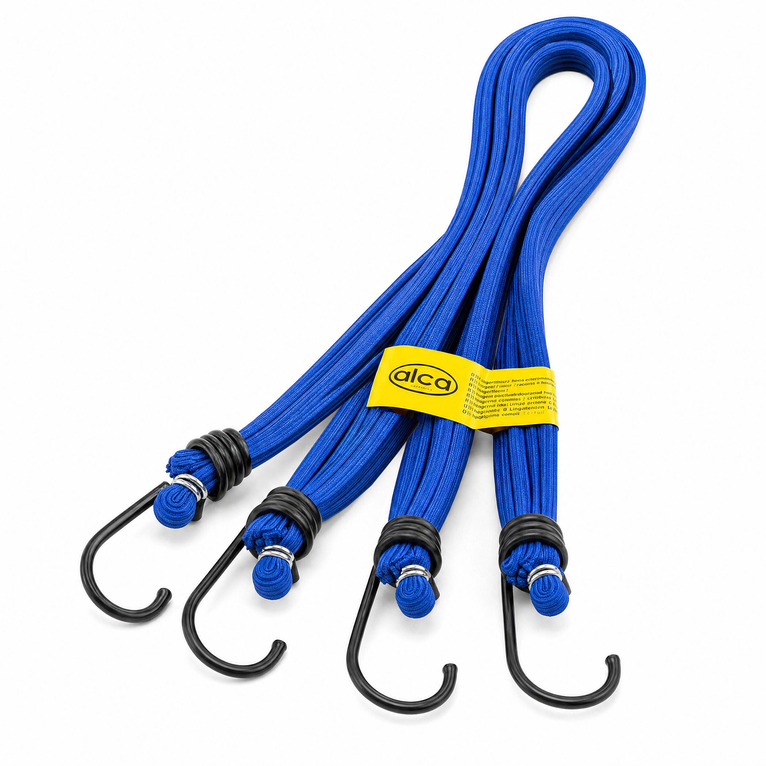 Vier blaue elastische Bungee-Seile mit schwarzen Metallhaken, gebündelt mit einem gelben 'alco'-Etikett auf weißem Hintergrund.