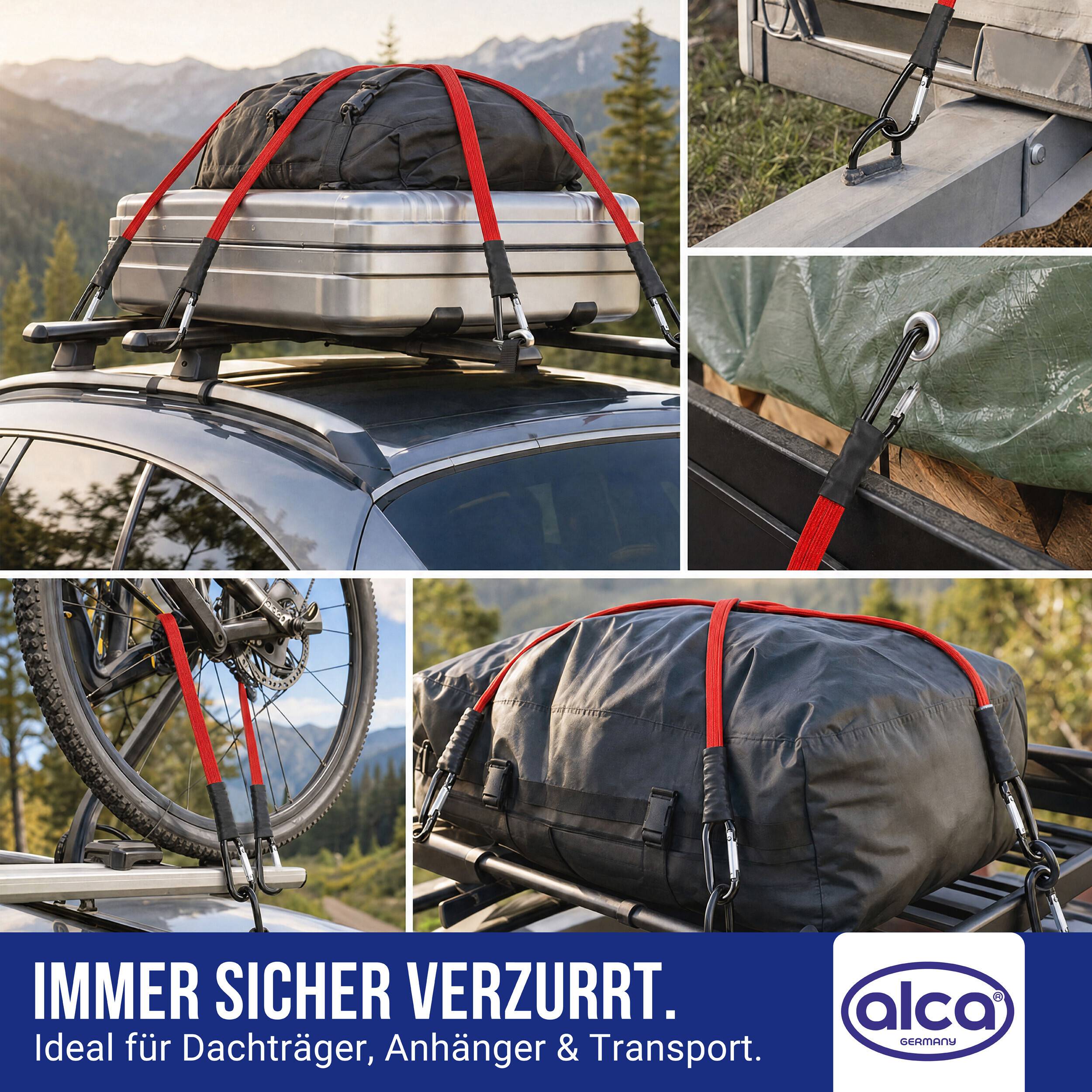Ladungstasche auf einem Dachgepäckträger eines Autos mit roten Riemen und Haken gesichert; deutscher Anzeigentext besagt „Immer sicher verzurrt