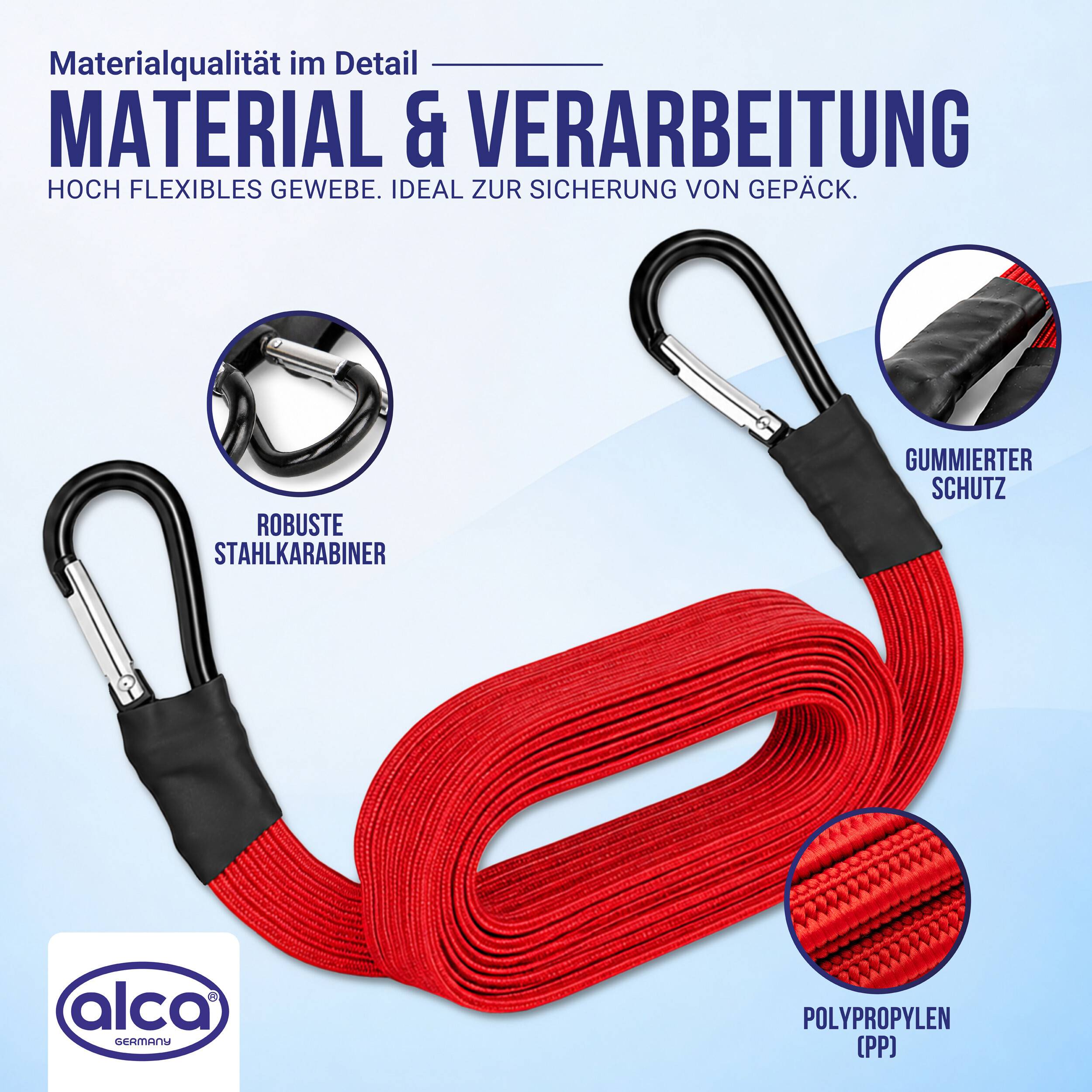 Produktgrafik zeigt einen roten elastischen Transportgurt mit schwarzen Stahlkarabinern, der robuste Stahlhaken, gummierte Schutzvorrichtung und Polypropylen-Material hervorhebt.
