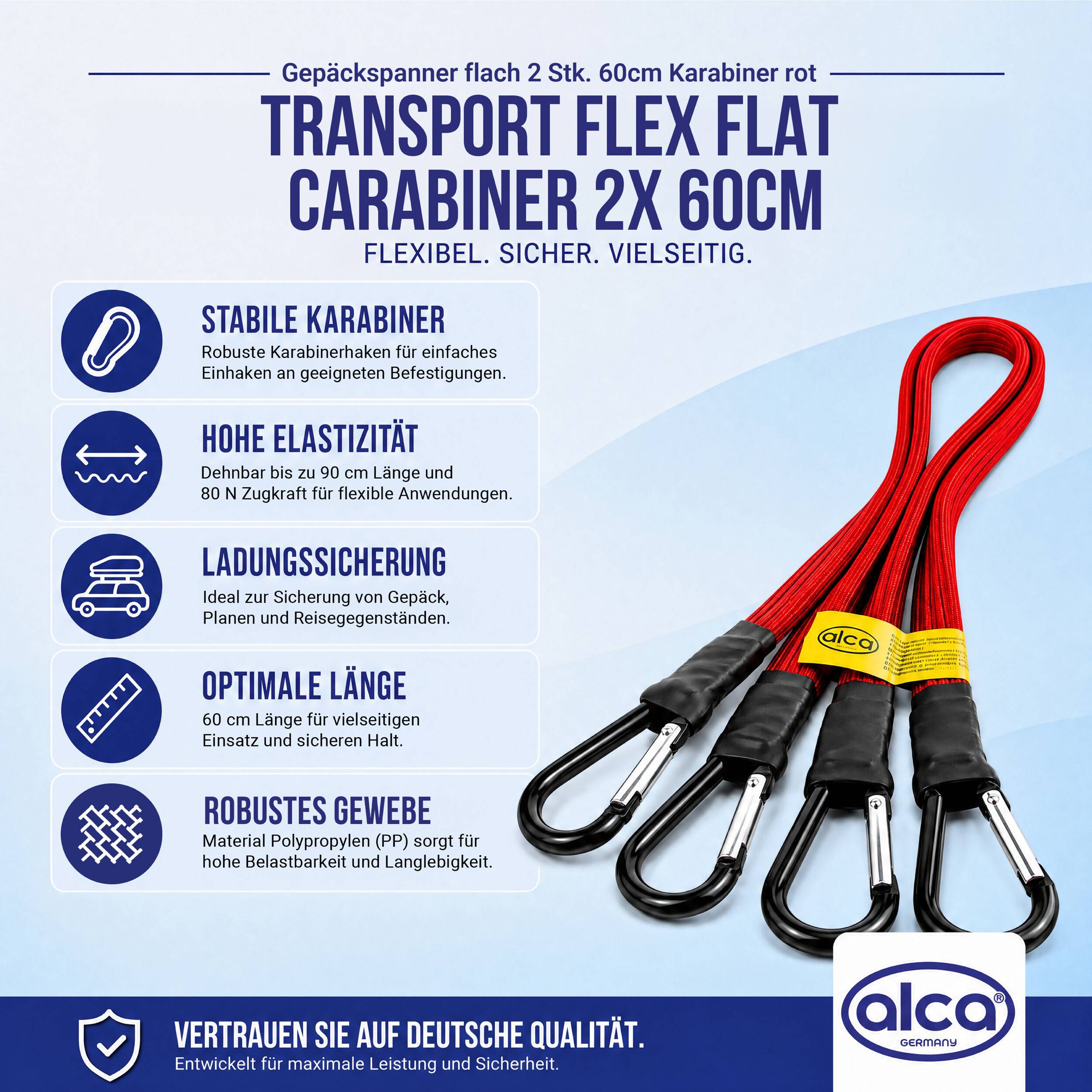 alca® Gepäckspanner flach 2er-Set mit Karabiner 60cm elastisch bis 90cm 2 Stk. für Auto, Motorrad, Möbel & Transport