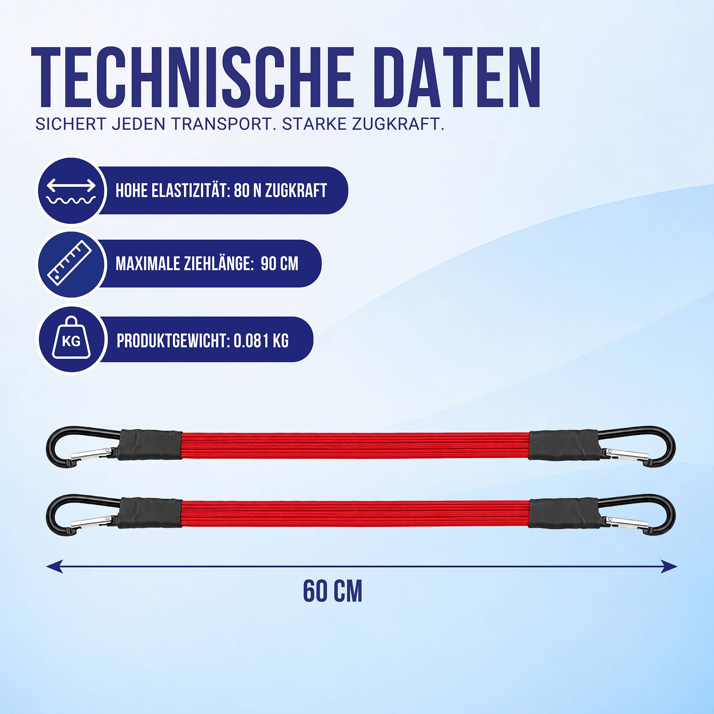 Technische Daten für einen Abschleppseil: 80 N Elastizität, 90 cm maximale Zuglänge, 0,081 kg Gewicht und 60 cm Riemen mit Haken dargestellt.