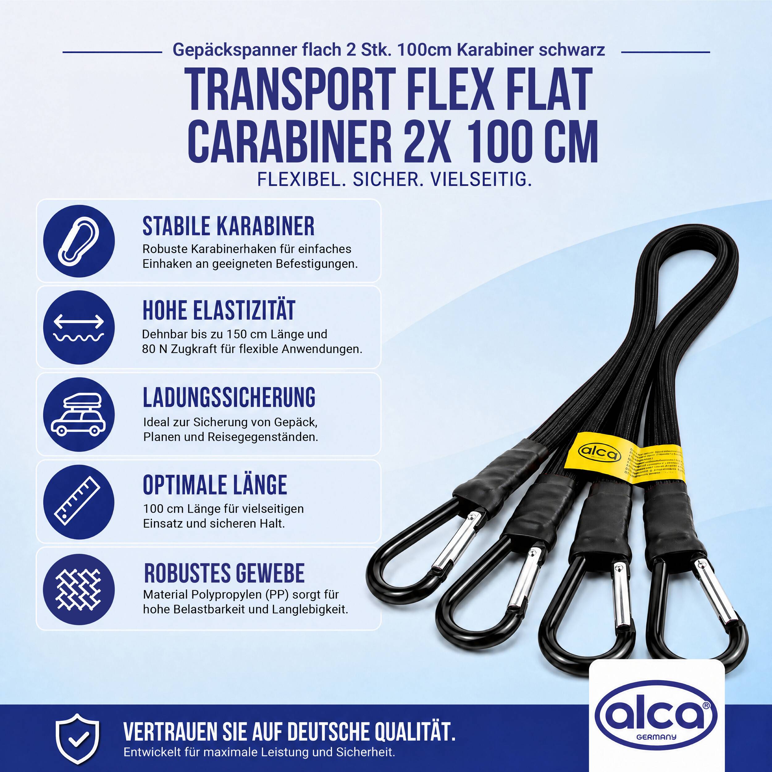 TRANSPORT FLEX FLAT KARABINER 2X 100 CM: Vier schwarze elastische Spanngurte mit Karabinern, die Stabilität, 150 cm Dehnung, Lastensicherung und langlebiges Polypropylen-Material hervorheben.