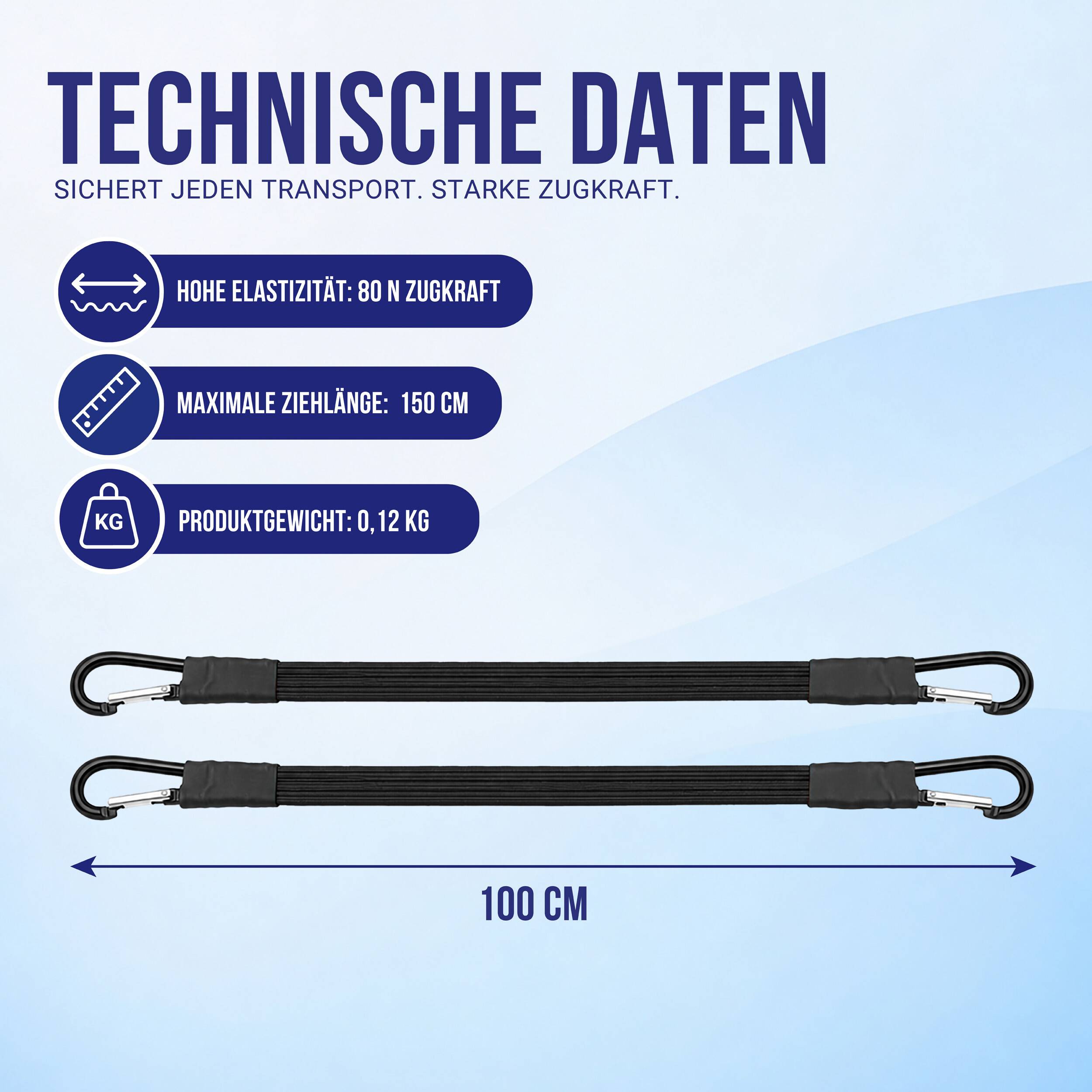 Deutsche Produktspezifikationen für einen Dehnungsriemen: hohe Elastizität 80 N, maximale Länge 150 cm, Gewicht 0,12 kg; der abgebildete Riemen misst 100 cm.