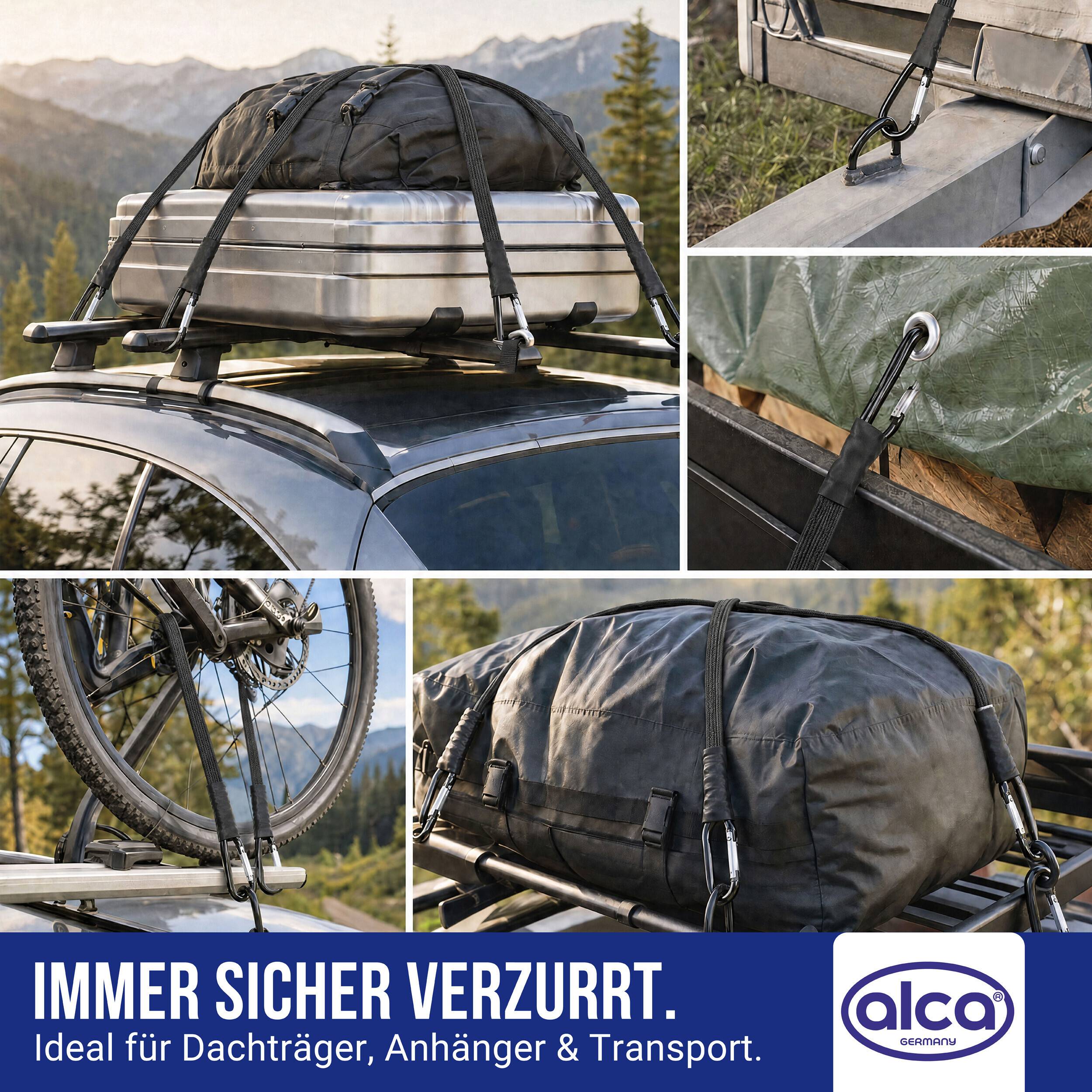 Dachgepäck mit Riemen und schwarzer Planen-Tasche gesichert; eingefügte Nahaufnahmen zeigen Befestigungspunkte. Deutsche Anzeige lautet „IMMER SICHER VERZURRT. Ideal für Dachträger, Anhänger & Transport.