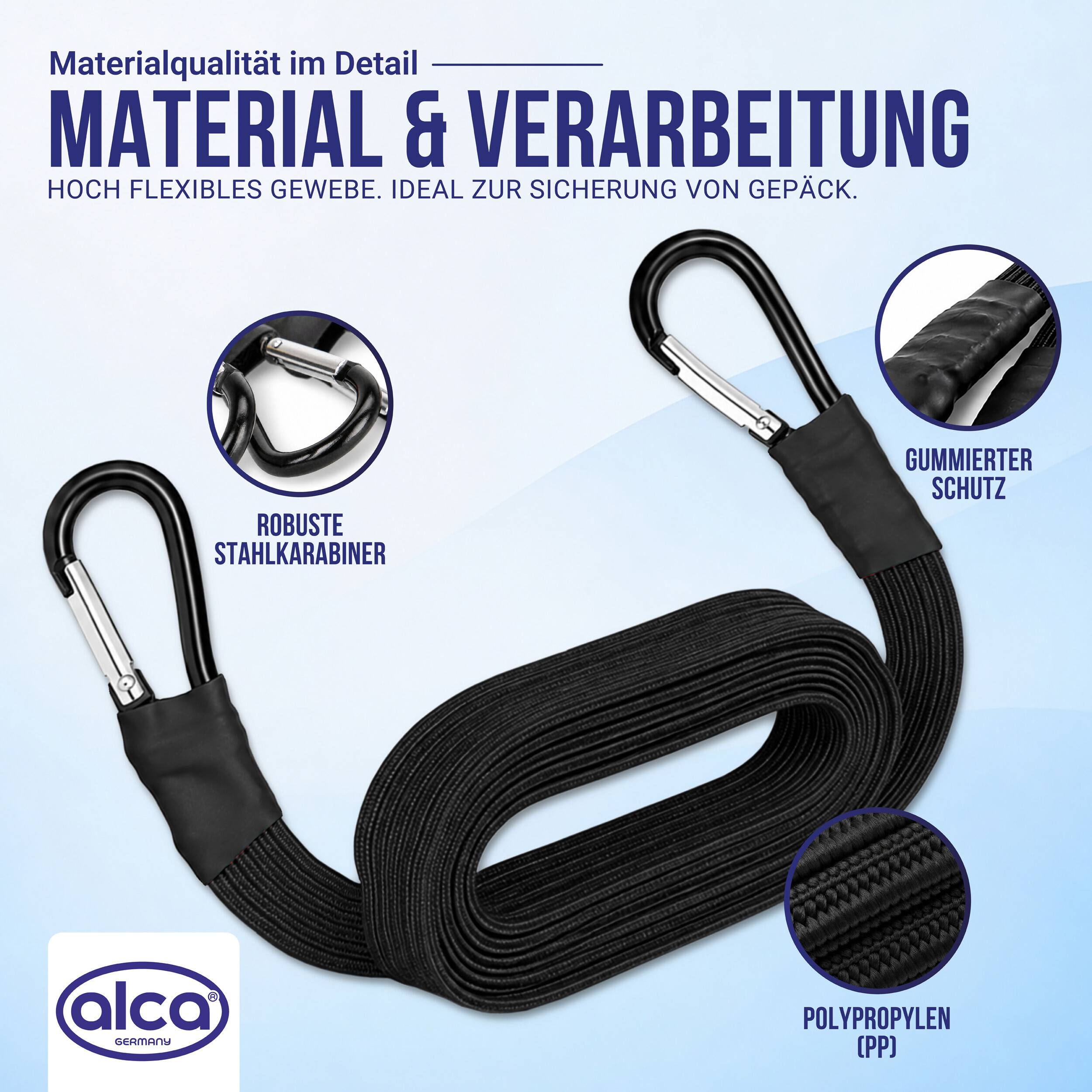Werbebild eines schwarzen elastischen Ladungsgurts mit Metallkarabinerhaken, beschriftet mit „Material & Verarbeitung