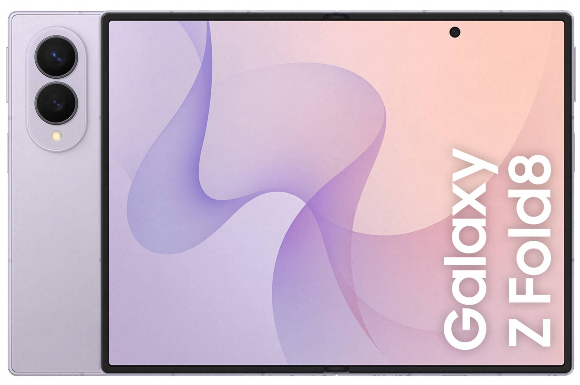 Samsung Galaxy Z Fold8 Smartphone geöffnet dargestellt, mit lavendelrosa Rückseite und violettem abstraktem Bildschirm-Hintergrundbild, duale Rückkameras und vertikalem Text „Galaxy Z Fold8