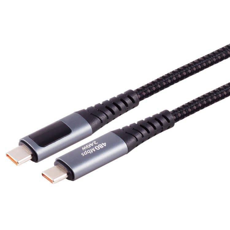 Geflochtenes USB-C auf USB-C Kabel mit grauen Steckern, gekennzeichnet mit „480Mbps