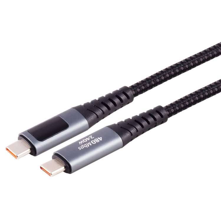 Geflochtenes USB-C-Ladekabel mit zwei Anschlüssen auf weißem Hintergrund, gekennzeichnet mit „480Mbps