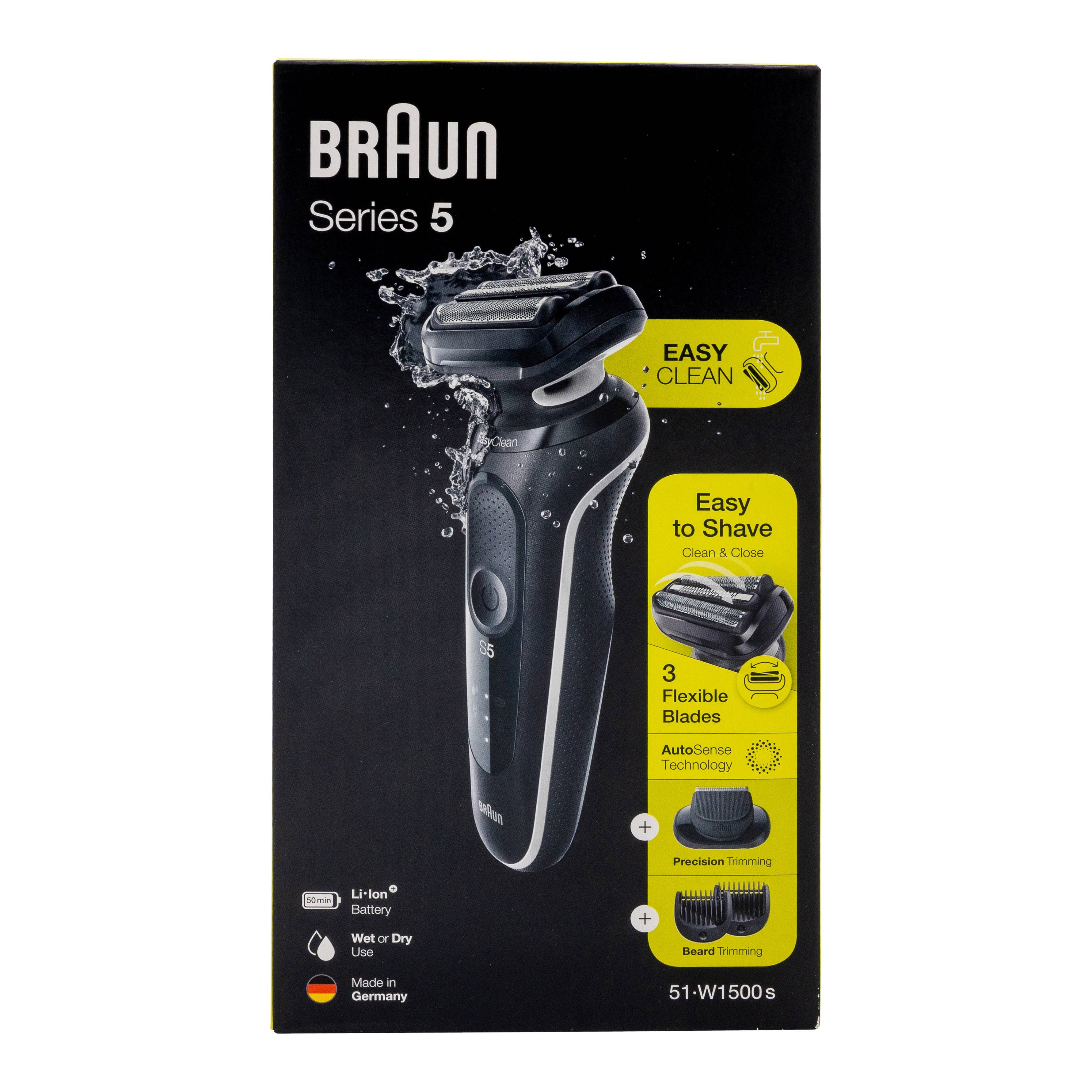 Braun Series 5 Elektrorasierer Schachtel mit Produktbild und Funktionshighlights: „Easy Clean
