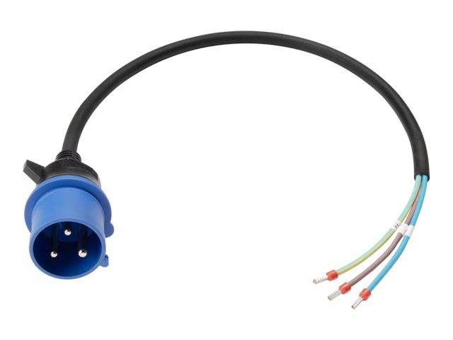 Blauer dreipoliger Elektrostecker mit schwarzem Kabel und abisolierten Drahtenden auf weißem Hintergrund