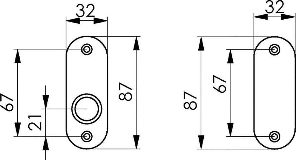 Technische Zeichnung einer abgerundeten rechteckigen Platte, 32 mm breit und 87 mm hoch, dargestellt in zwei Ansichten mit dimensionierten Bohrungspositionen.