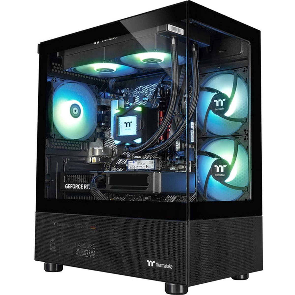 Custom Thermaltake Desktop-PC-Tower mit Glasseitenpanel, der RGB-beleuchtete Kühlventilatoren, Flüssigkeitskühler und GeForce RTX-Grafikkarte zeigt.