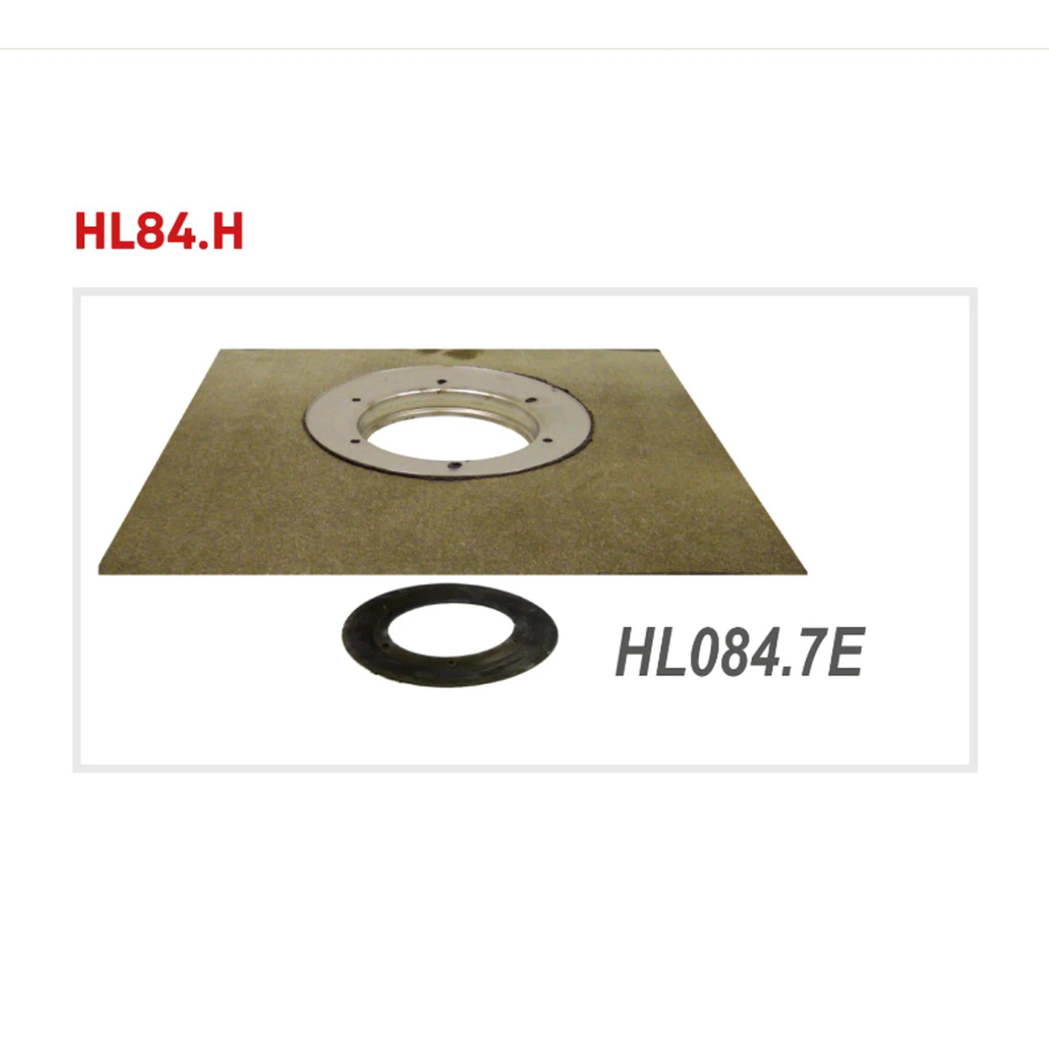 Produktabbildung einer quadratischen Grundplatte mit einem zentralen Metallflansch und einem separaten schwarzen Ring darunter, gekennzeichnet mit 'HL84.H' und 'HL084.7E
