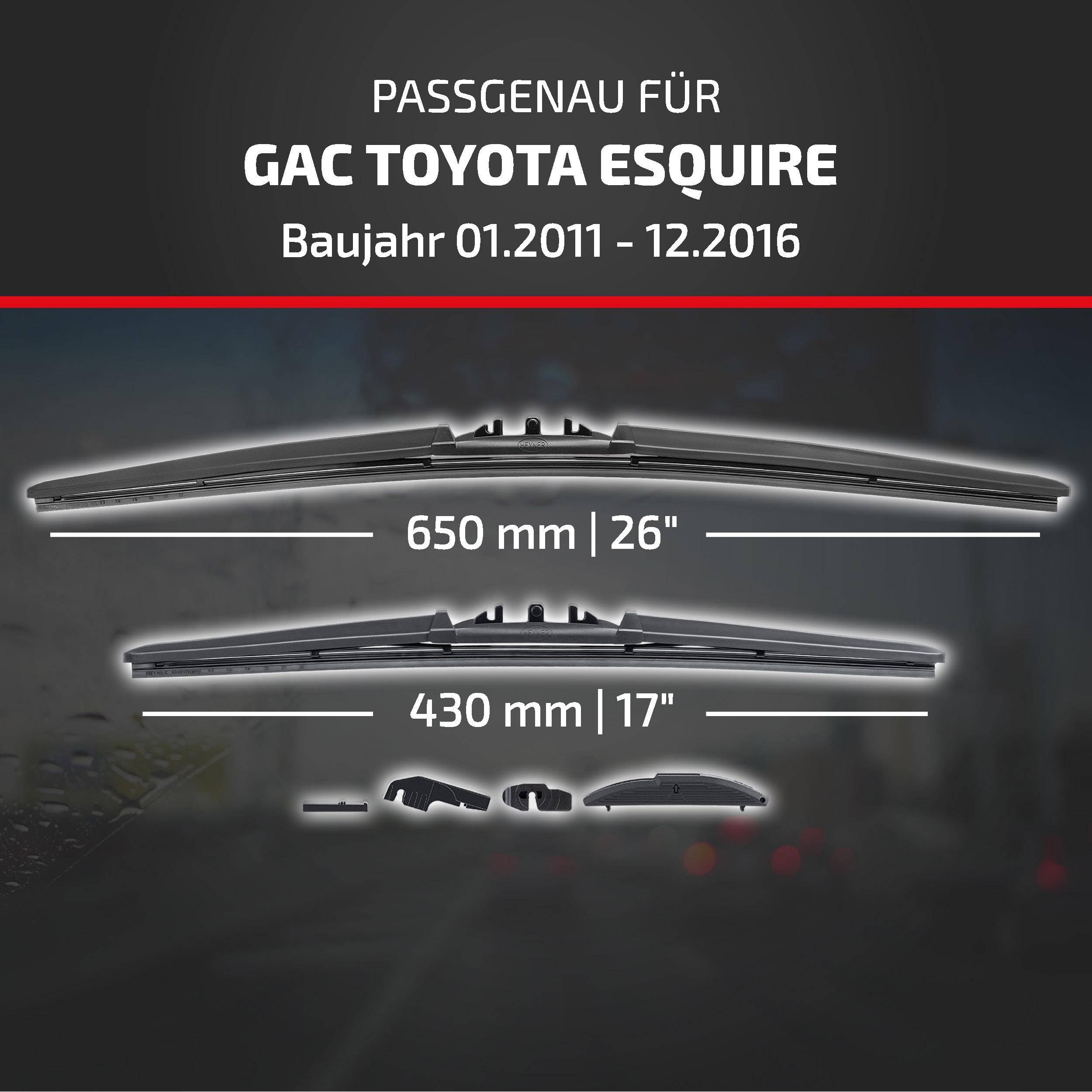 Anzeige mit kompatiblen Scheibenwischern für GAC Toyota Esquire, Modelljahre 01.2011-12.2016, mit Größen 650 mm (26