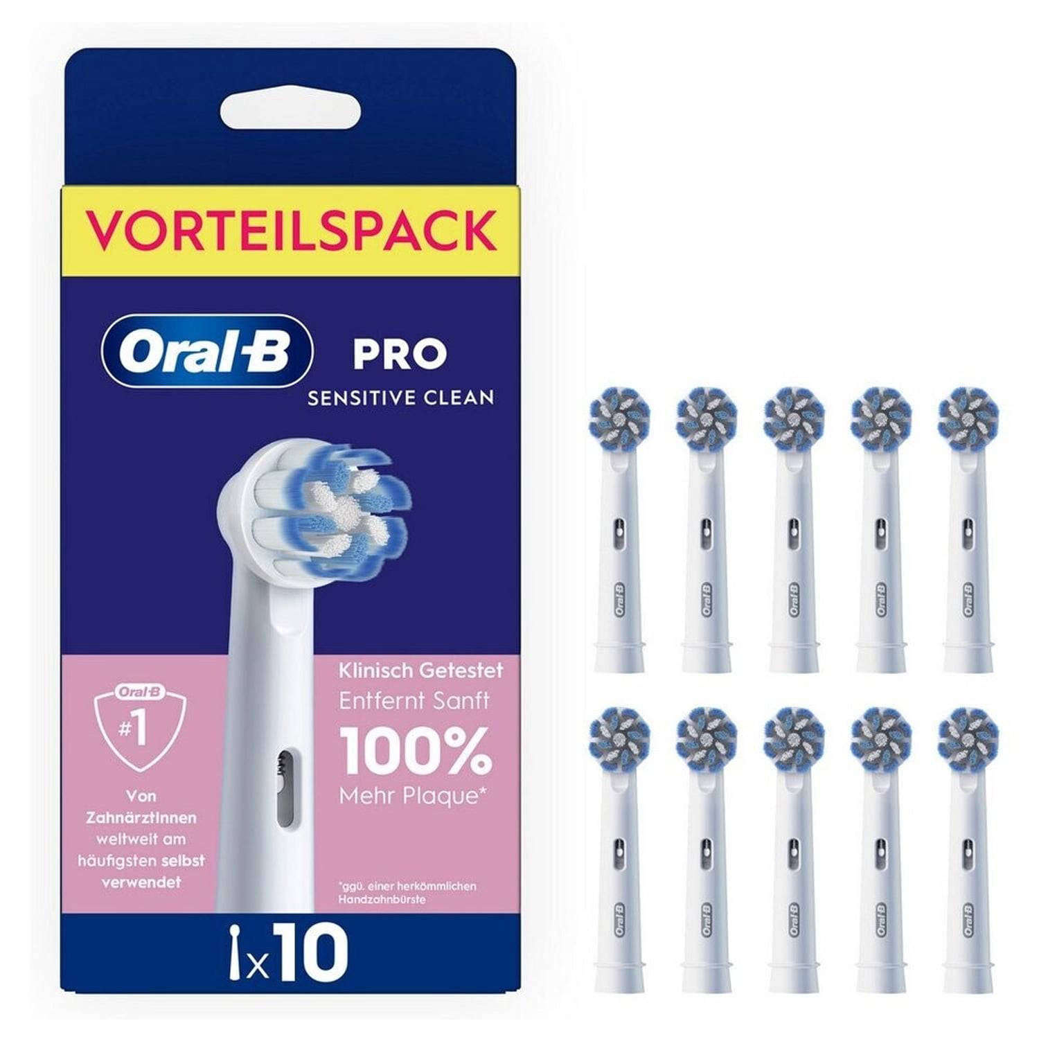 Oral-B Pro Sensitive Clean Ersatzbürstenköpfe, 10er-Pack, auf der Produktverpackung gezeigt mit zehn Bürstenköpfen daneben angezeigt.