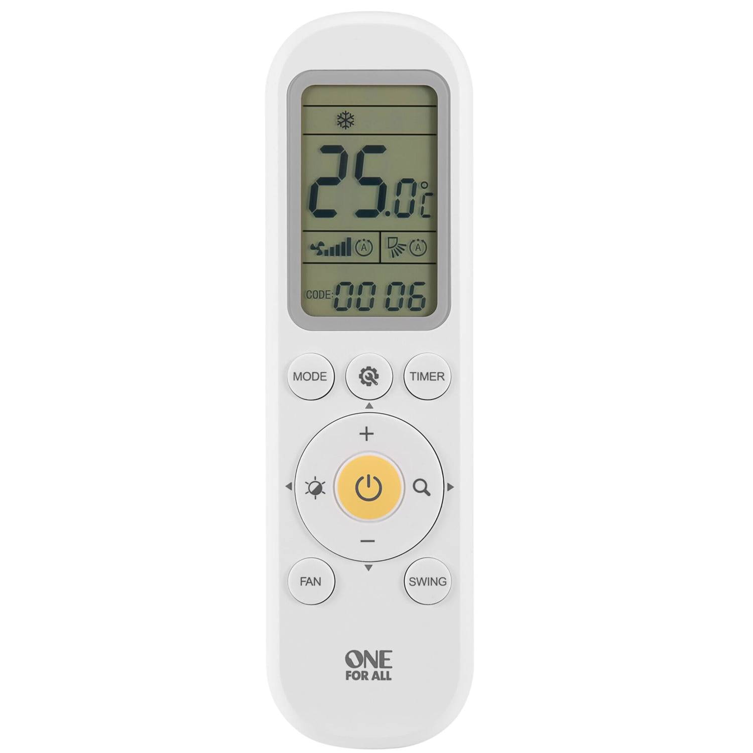 Weiße One For All Klimaanlage Fernbedienung zeigt 25,0°C auf dem Display, mit Mode-, Timer-, Lüfter- und Swing-Tasten sowie einem zentralen Netzschalter.