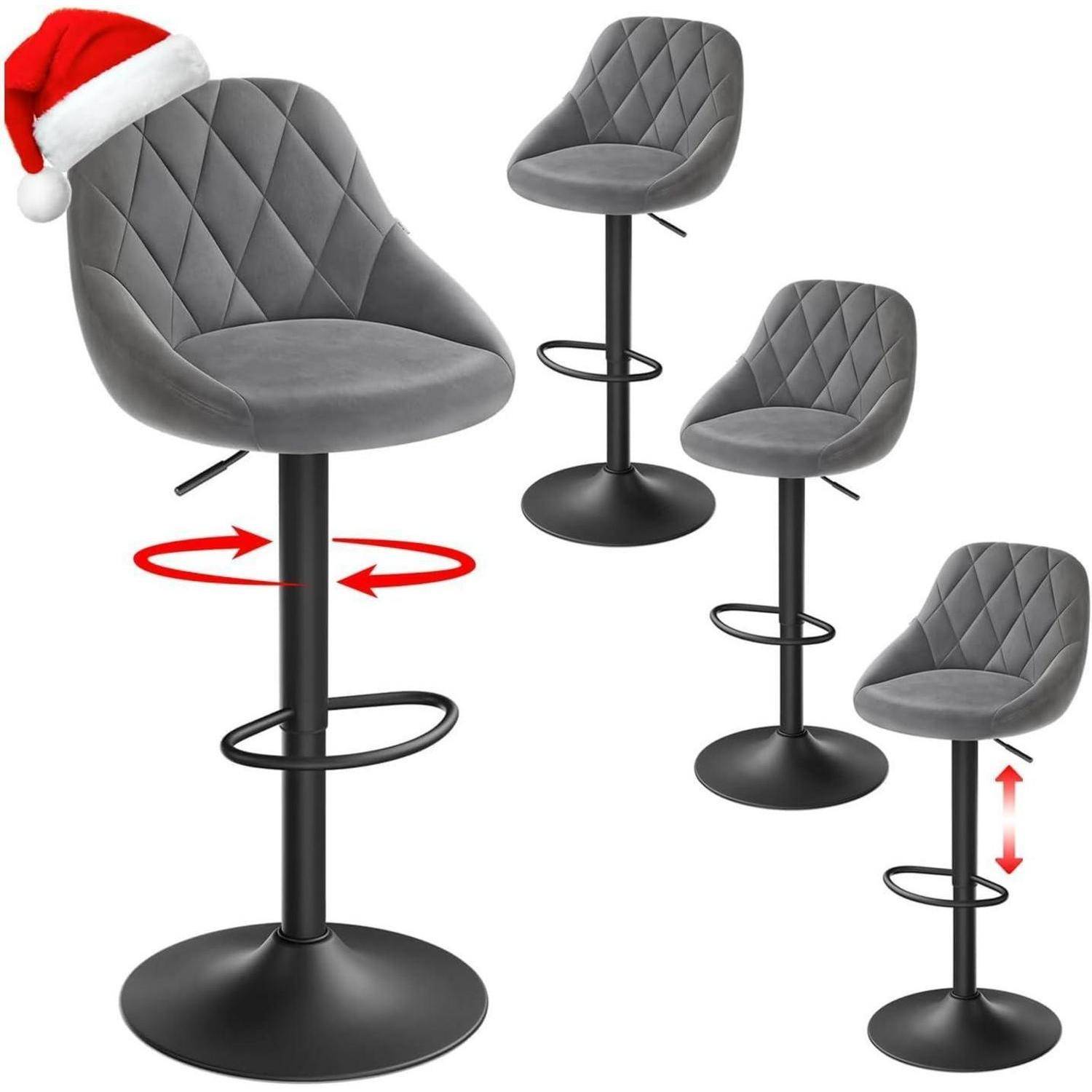 Grauer drehbarer Barhocker mit gestepptem Sitz und schwarzem Sockelfuß, gezeigt mit verstellbarer Höhe und 360-Grad-Drehung; ein Hocker trägt einen Weihnachtsmütze.