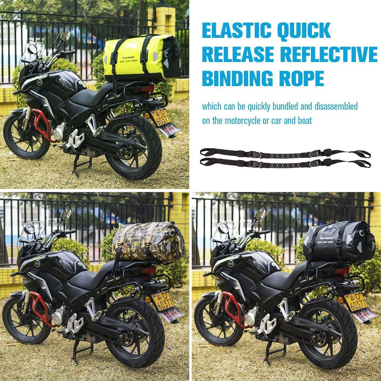 Werbekollage mit einem Motorrad mit Gepäcktaschen, die durch ein elastisches Schnellverschluss-Reflektorbindeseil gesichert sind, mit Text, der die Verwendung auf Motorrädern, Autos und Booten bewirbt.
